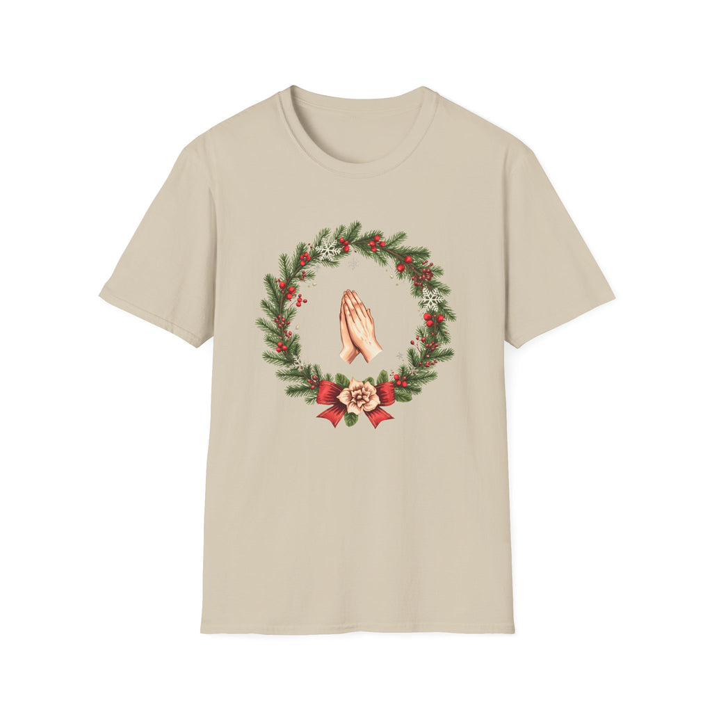 Christmas Prayer Hands T-Shirt — Holiday Wreath Faith Tee
