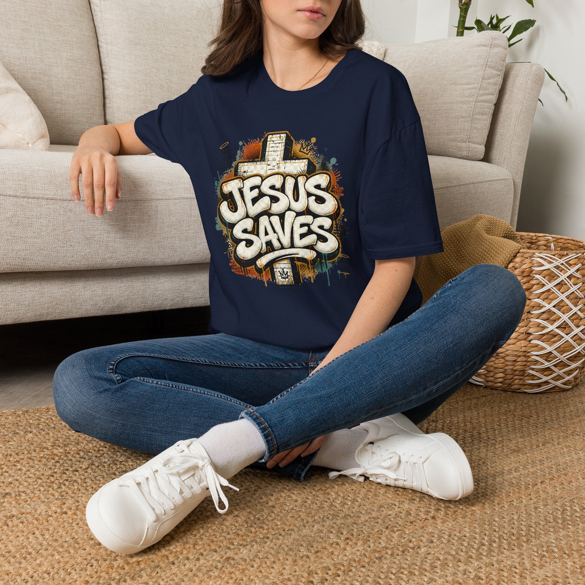 Jesus Saves T‑Shirt — Faith Graffiti Cross Christian Tee