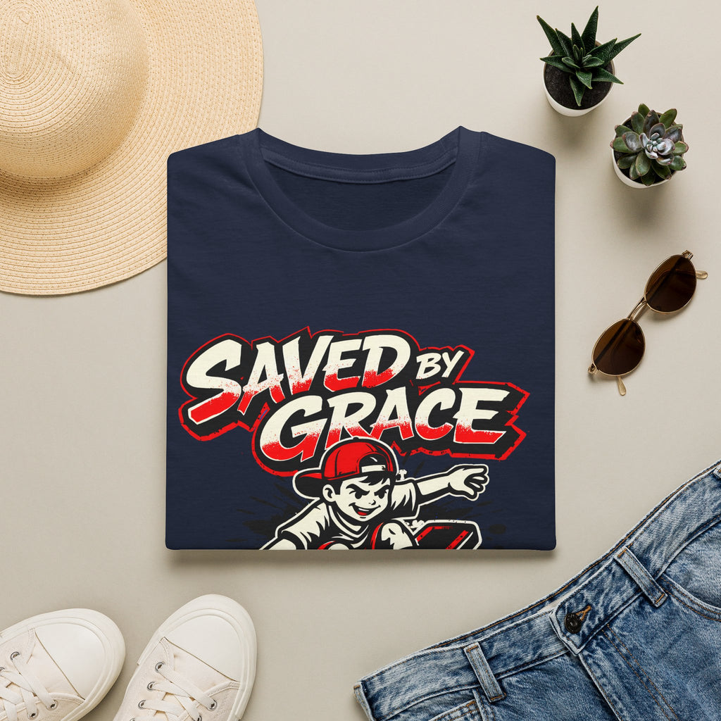 Saved by Grace T‑Shirt — Skateboard Faith Graphic