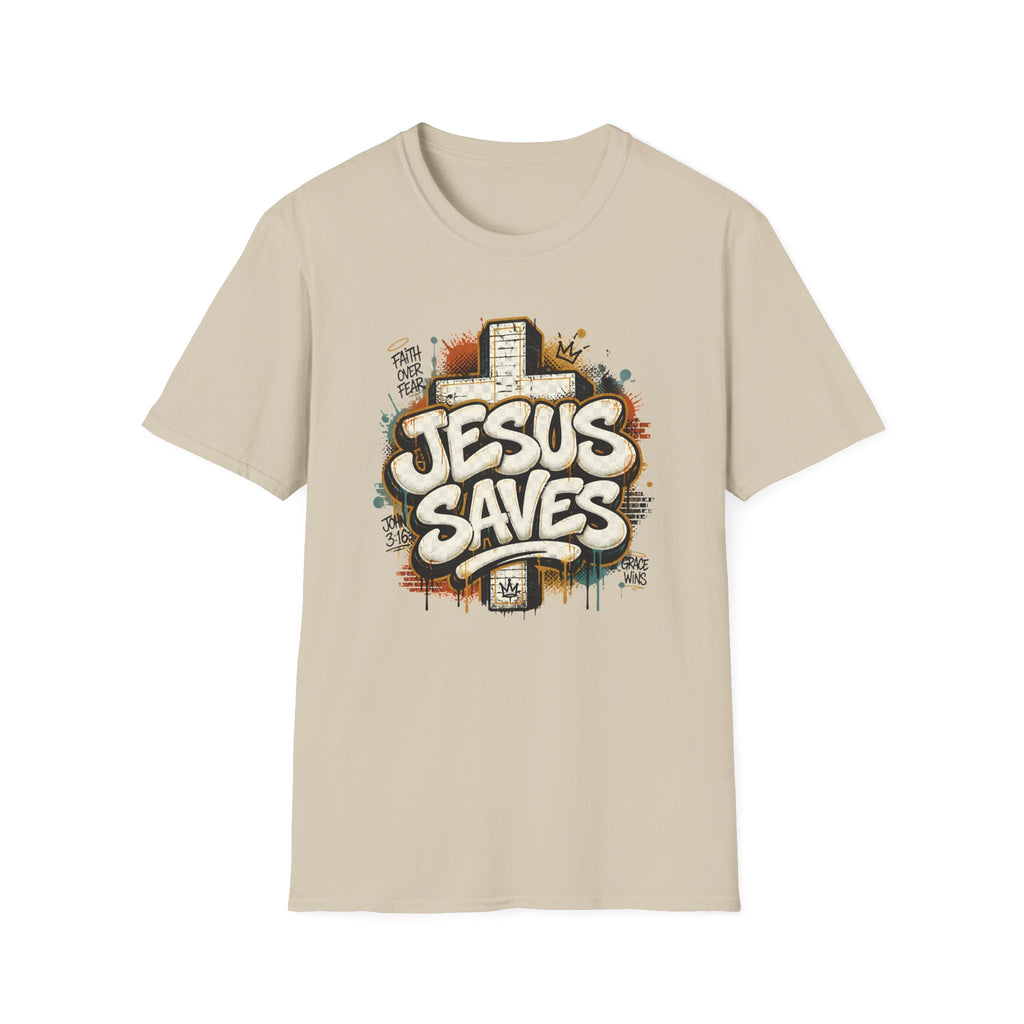 Jesus Saves T‑Shirt — Faith Graffiti Cross Christian Tee