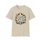 Jesus Saves T‑Shirt — Faith Graffiti Cross Christian Tee
