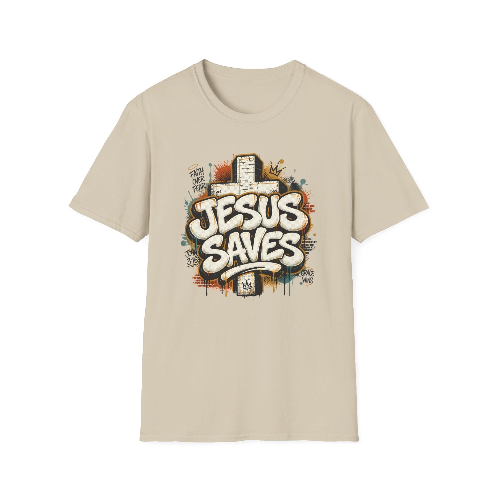 Jesus Saves T‑Shirt — Faith Graffiti Cross Christian Tee