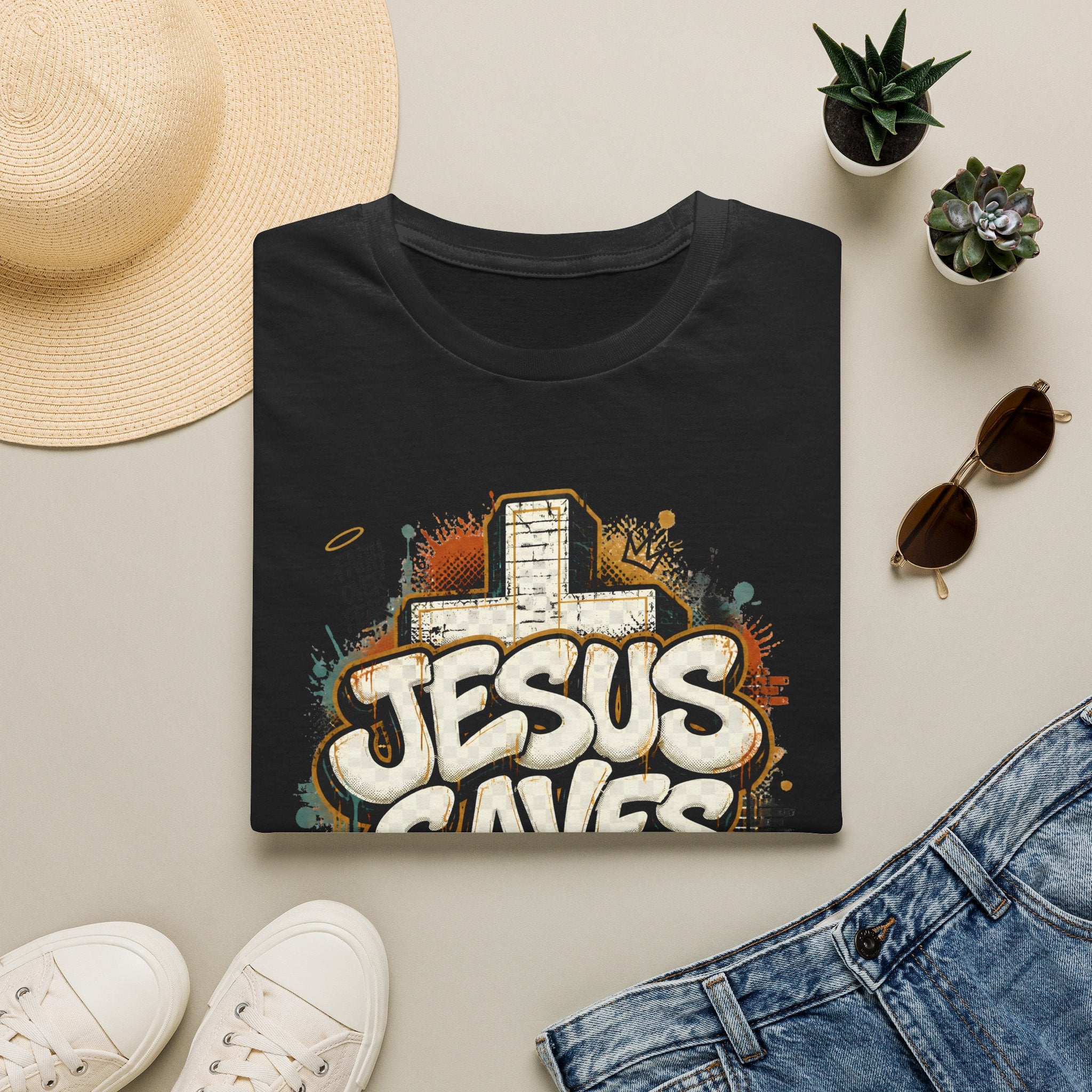 Jesus Saves T‑Shirt — Faith Graffiti Cross Christian Tee