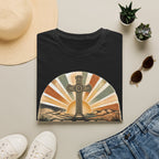 Christian T-Shirt — "Grace Never Quits" Retro Cross Sunrise Tee