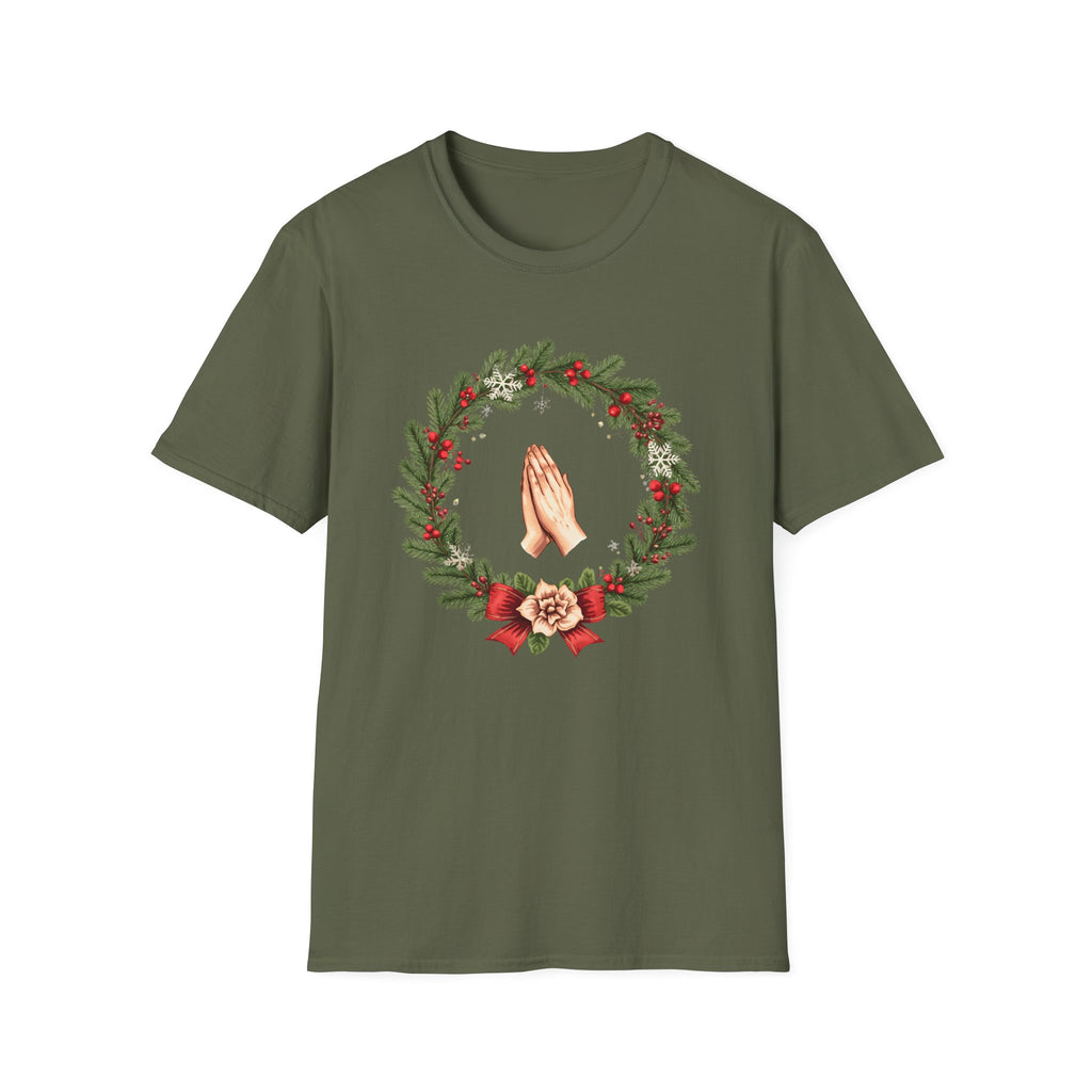 Christmas Prayer Hands T-Shirt — Holiday Wreath Faith Tee