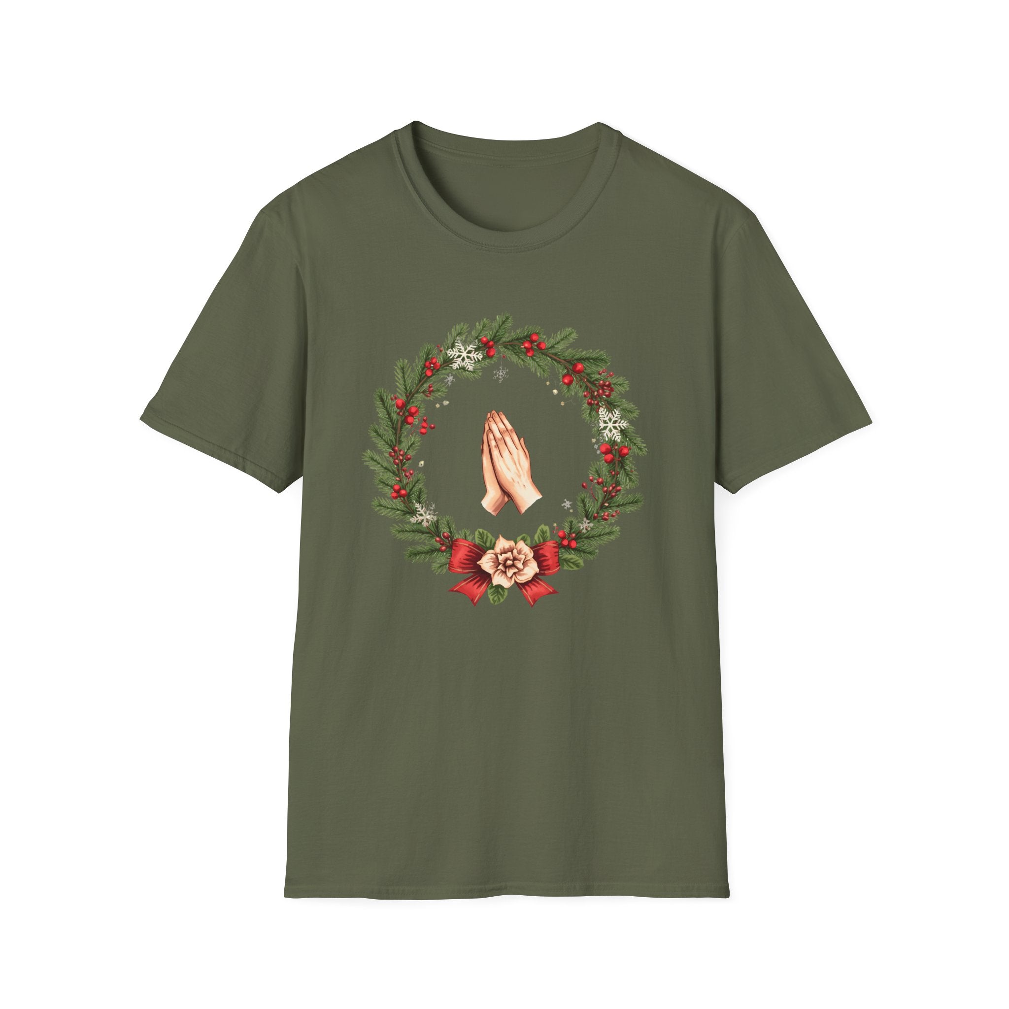 Christmas Prayer Hands T-Shirt — Holiday Wreath Faith Tee