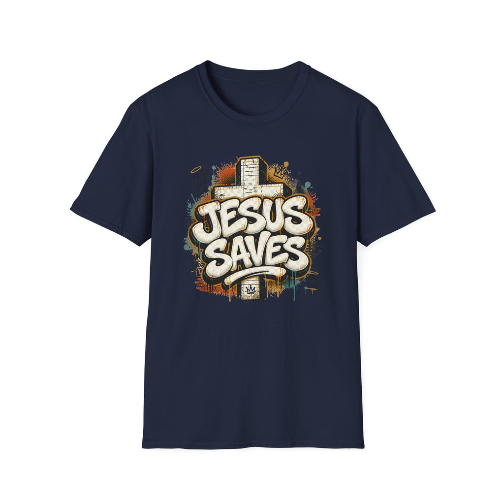 Jesus Saves T‑Shirt — Faith Graffiti Cross Christian Tee