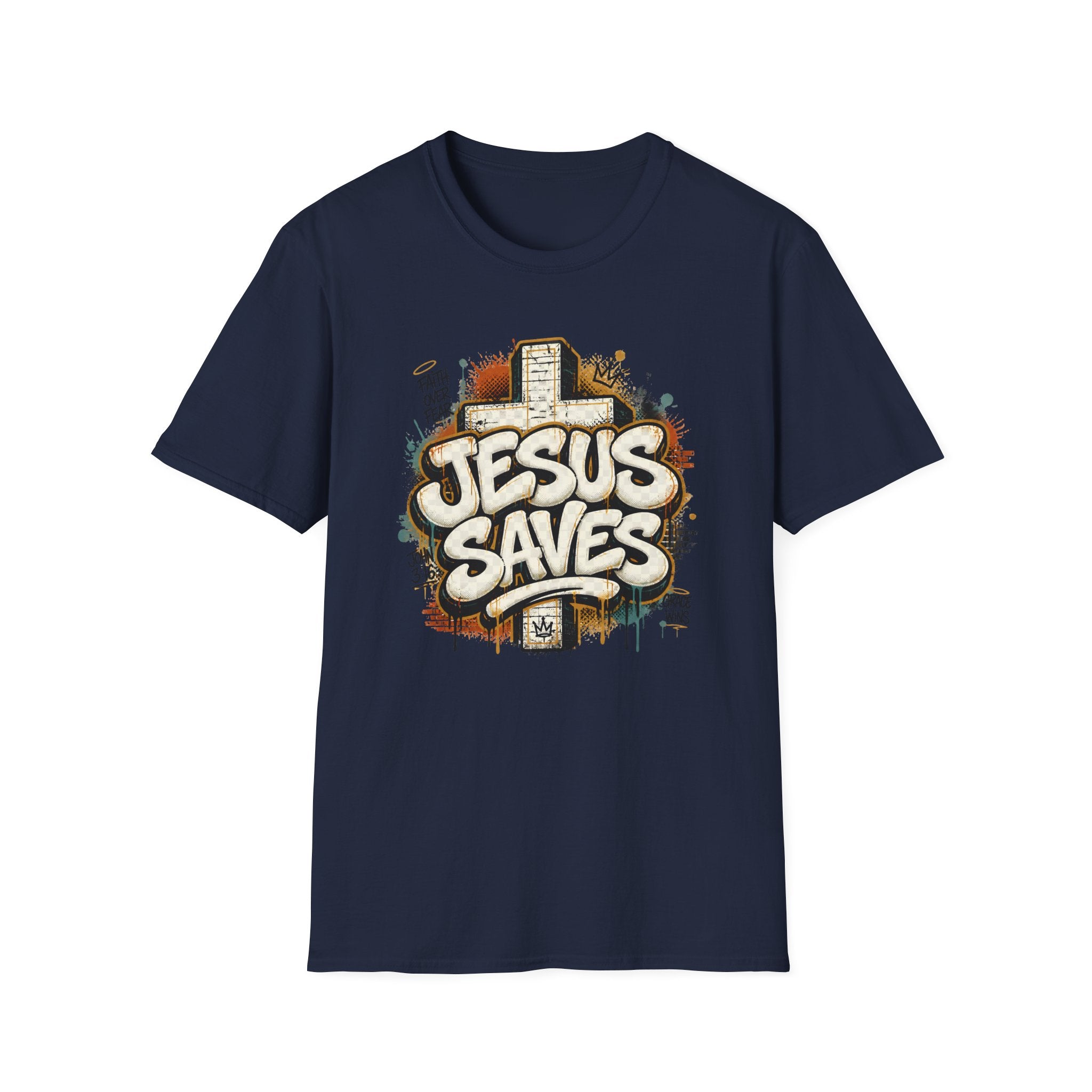 Jesus Saves T‑Shirt — Faith Graffiti Cross Christian Tee