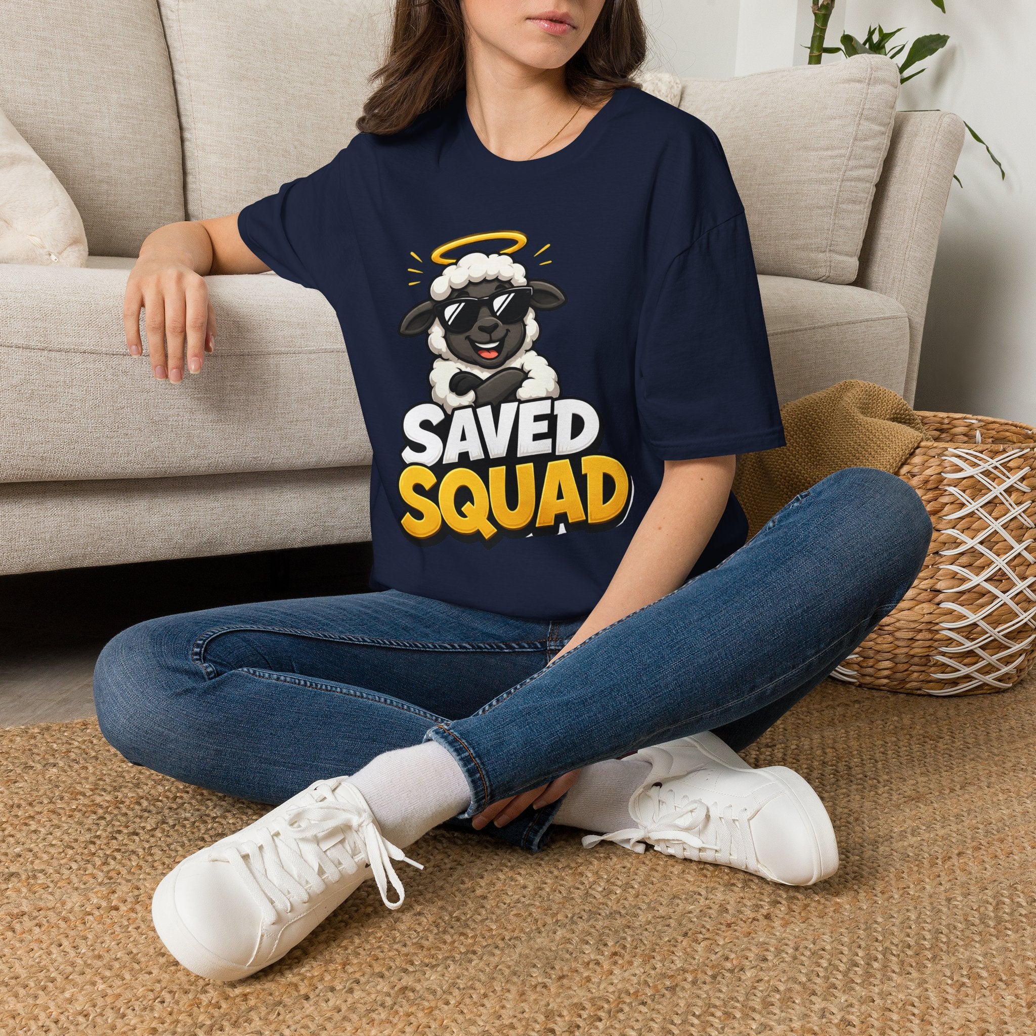 Saved Squad T‑Shirt — Cute Angel Sheep Graphic Tee for Christian Youth & Church Groups