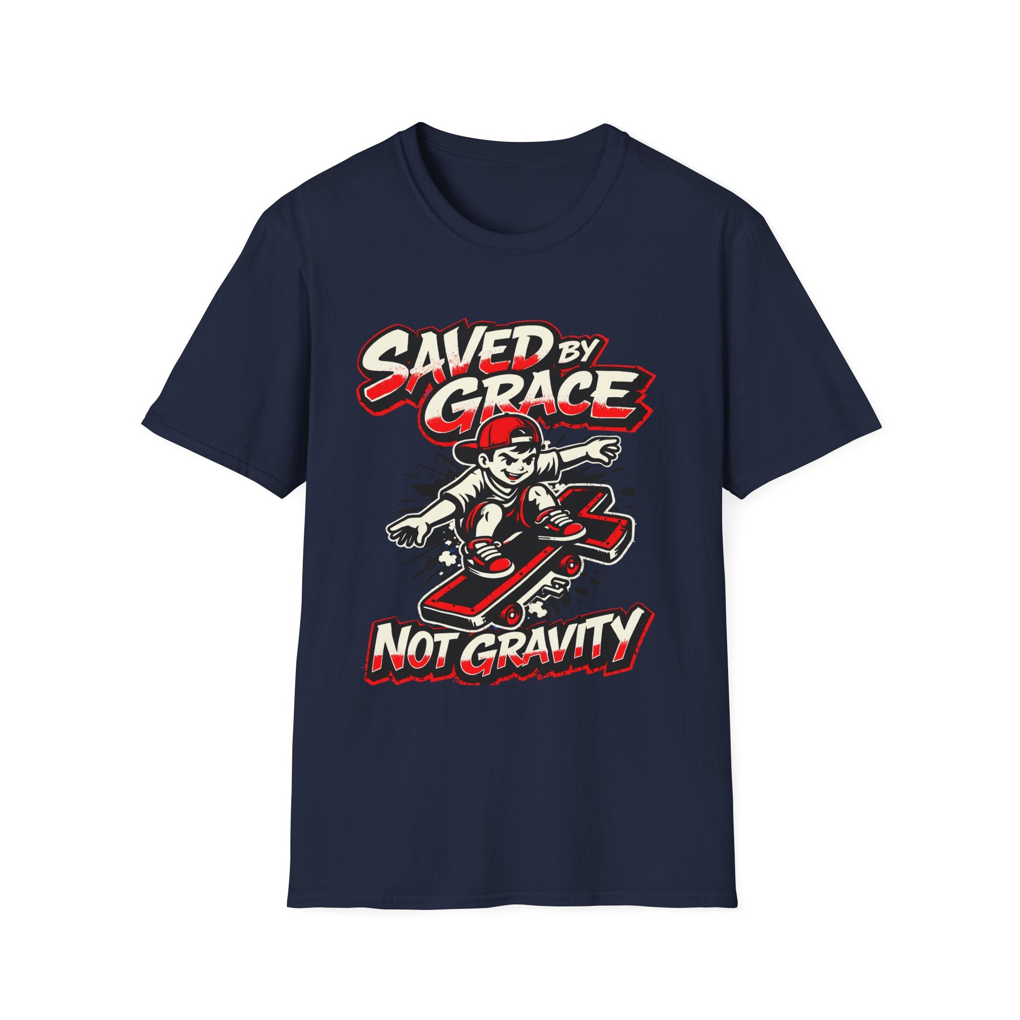 Saved by Grace T‑Shirt — Skateboard Faith Graphic