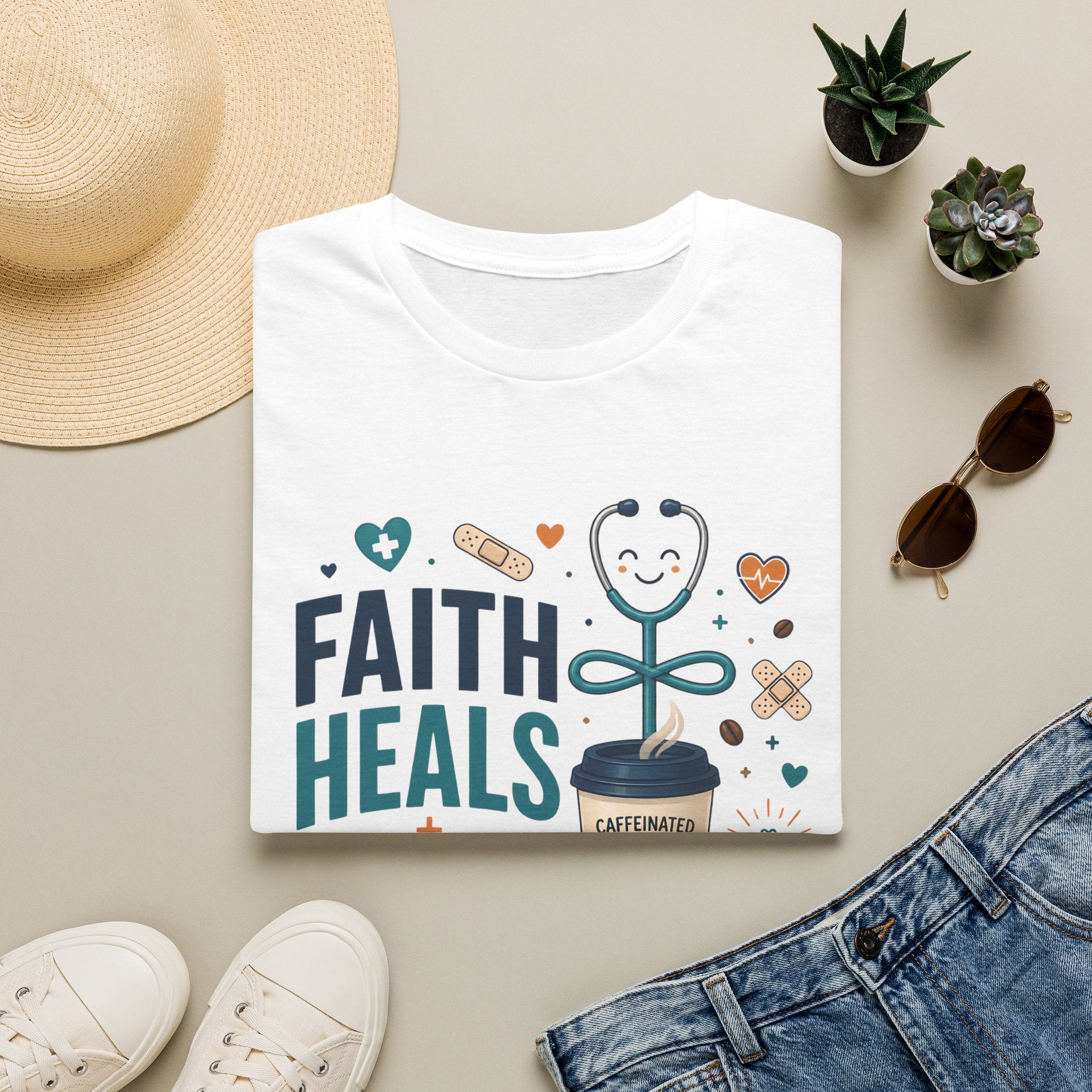 Faith Heals T‑Shirt — Inspirational Medical Stethoscope Coffee Design