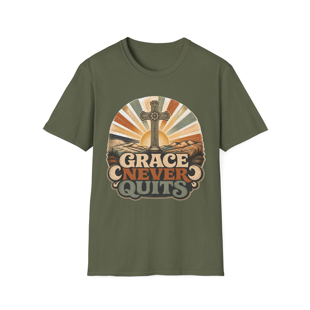 Christian T-Shirt — "Grace Never Quits" Retro Cross Sunrise Tee