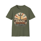 Christian T-Shirt — "Grace Never Quits" Retro Cross Sunrise Tee