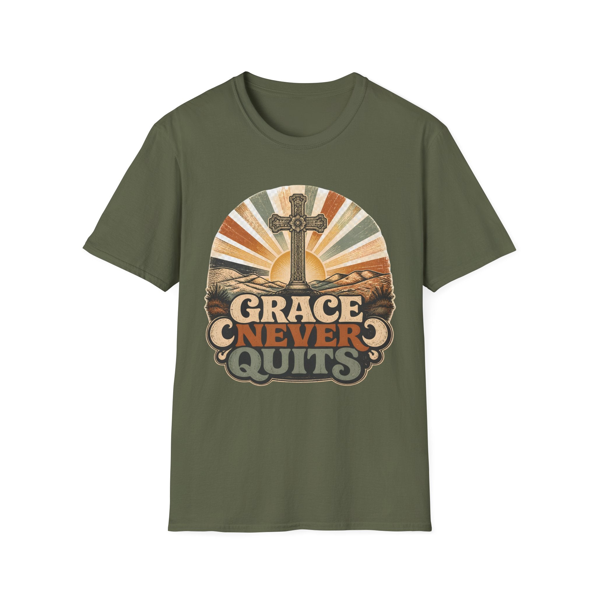 Christian T-Shirt — "Grace Never Quits" Retro Cross Sunrise Tee