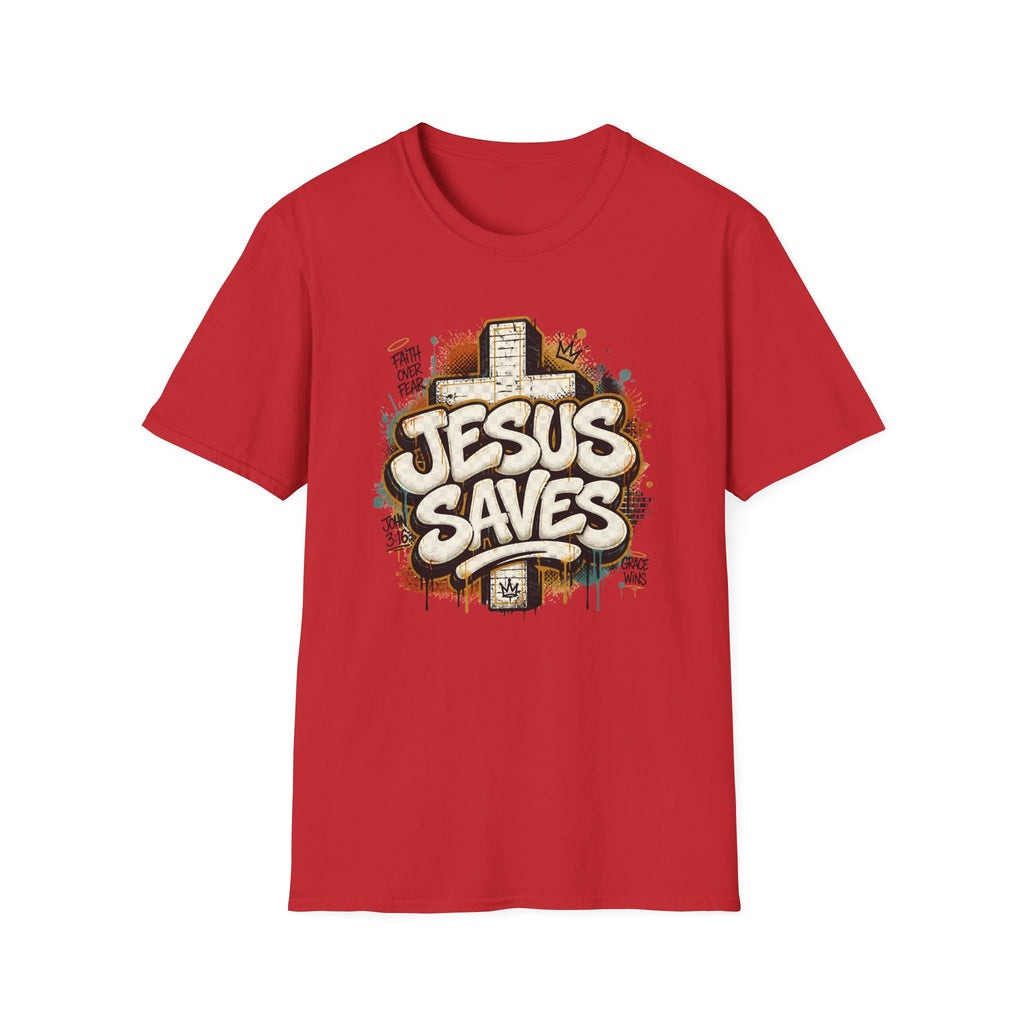 Jesus Saves T‑Shirt — Faith Graffiti Cross Christian Tee