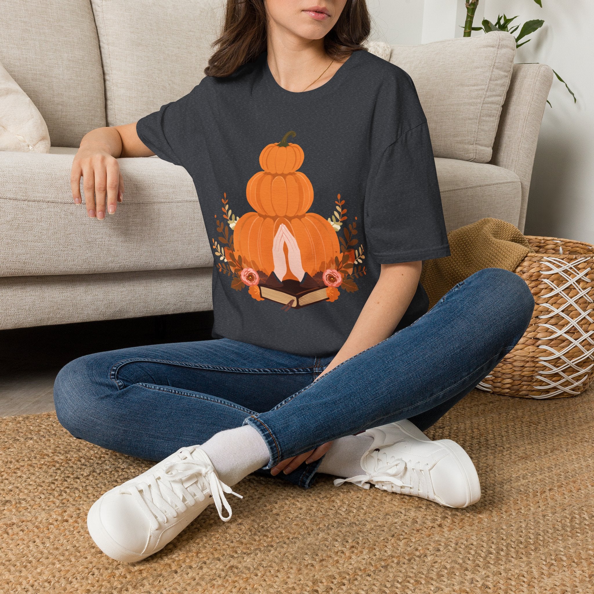 Pumpkin Stack T‑Shirt — Autumn Floral Fall Graphic Tee