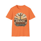 Christian T-Shirt — "Grace Never Quits" Retro Cross Sunrise Tee