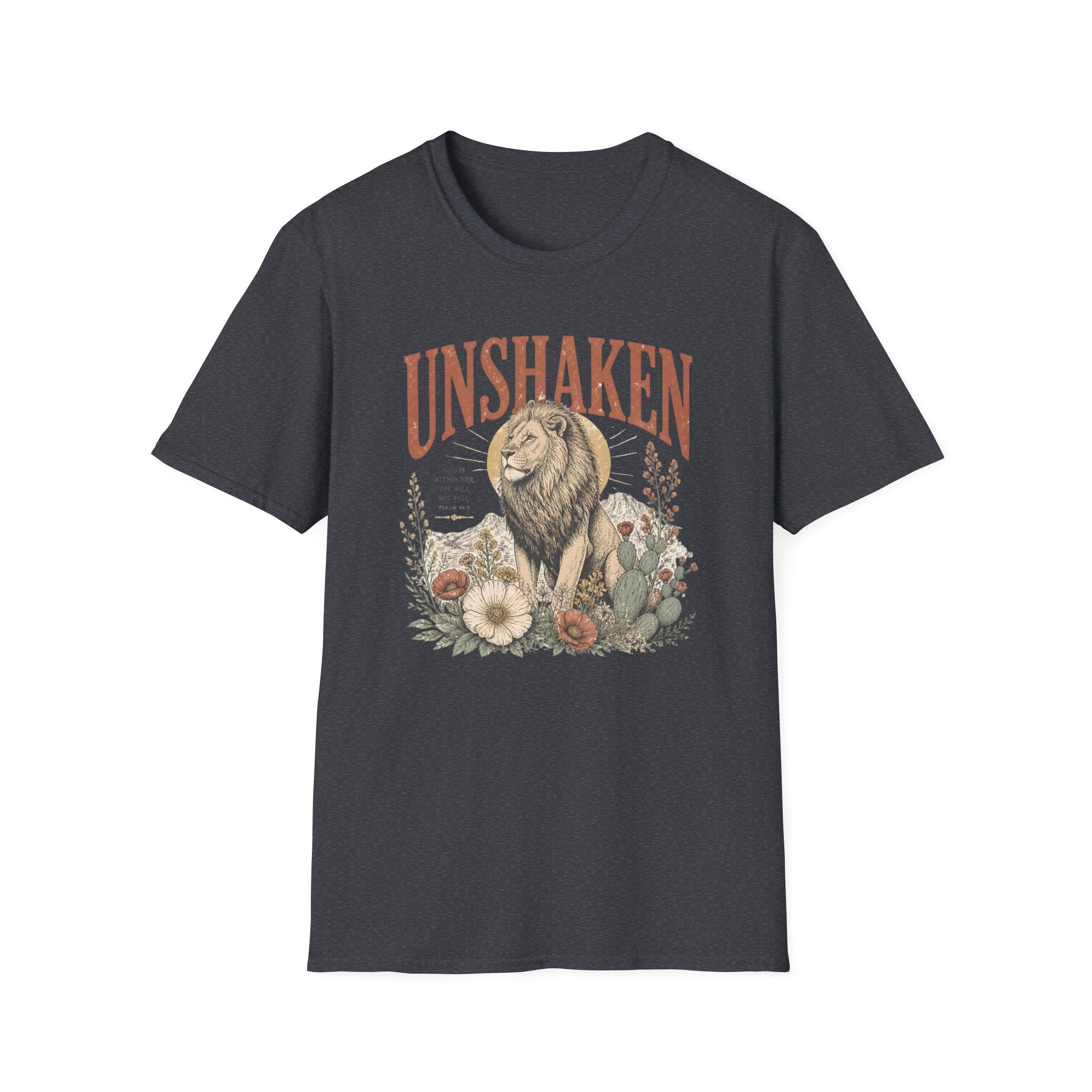 Unshaken Lion T‑Shirt — Vintage Floral Courage Tee