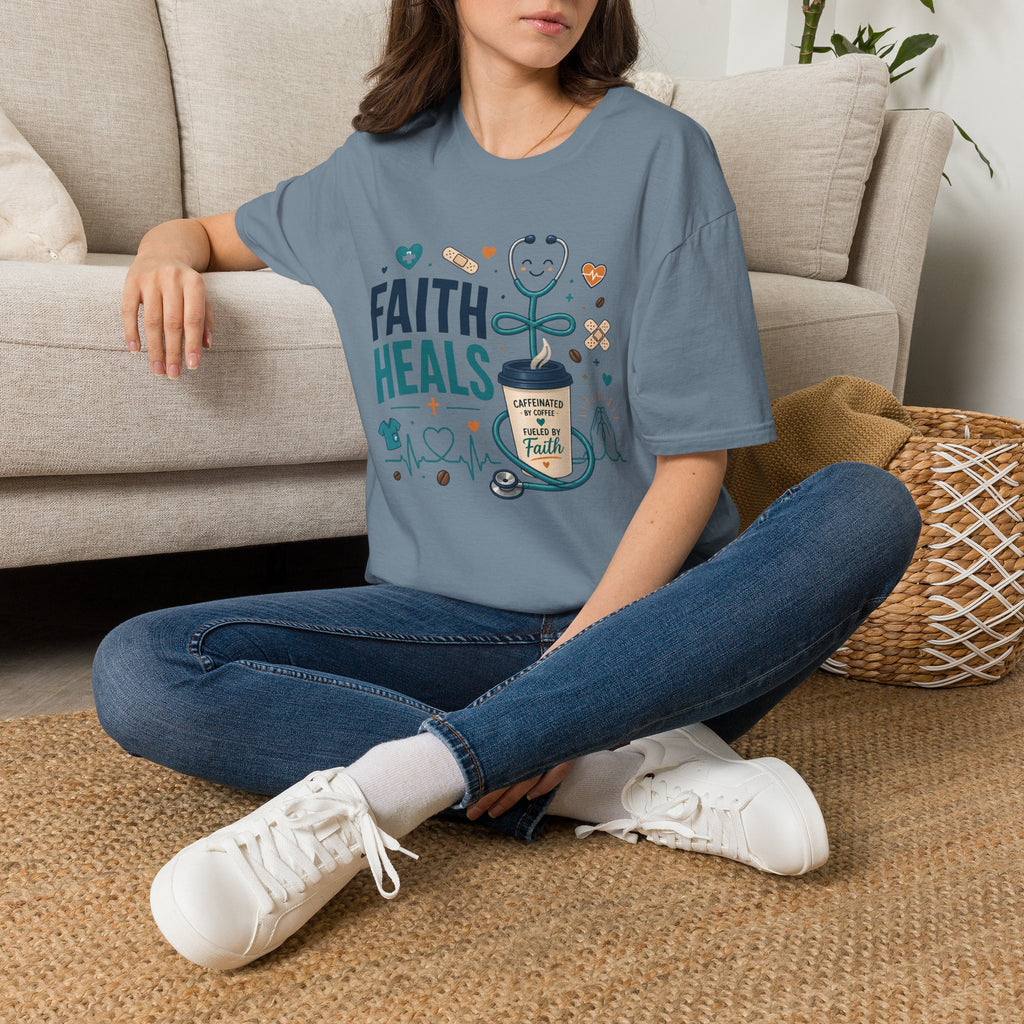 Faith Heals T‑Shirt — Inspirational Medical Stethoscope Coffee Design