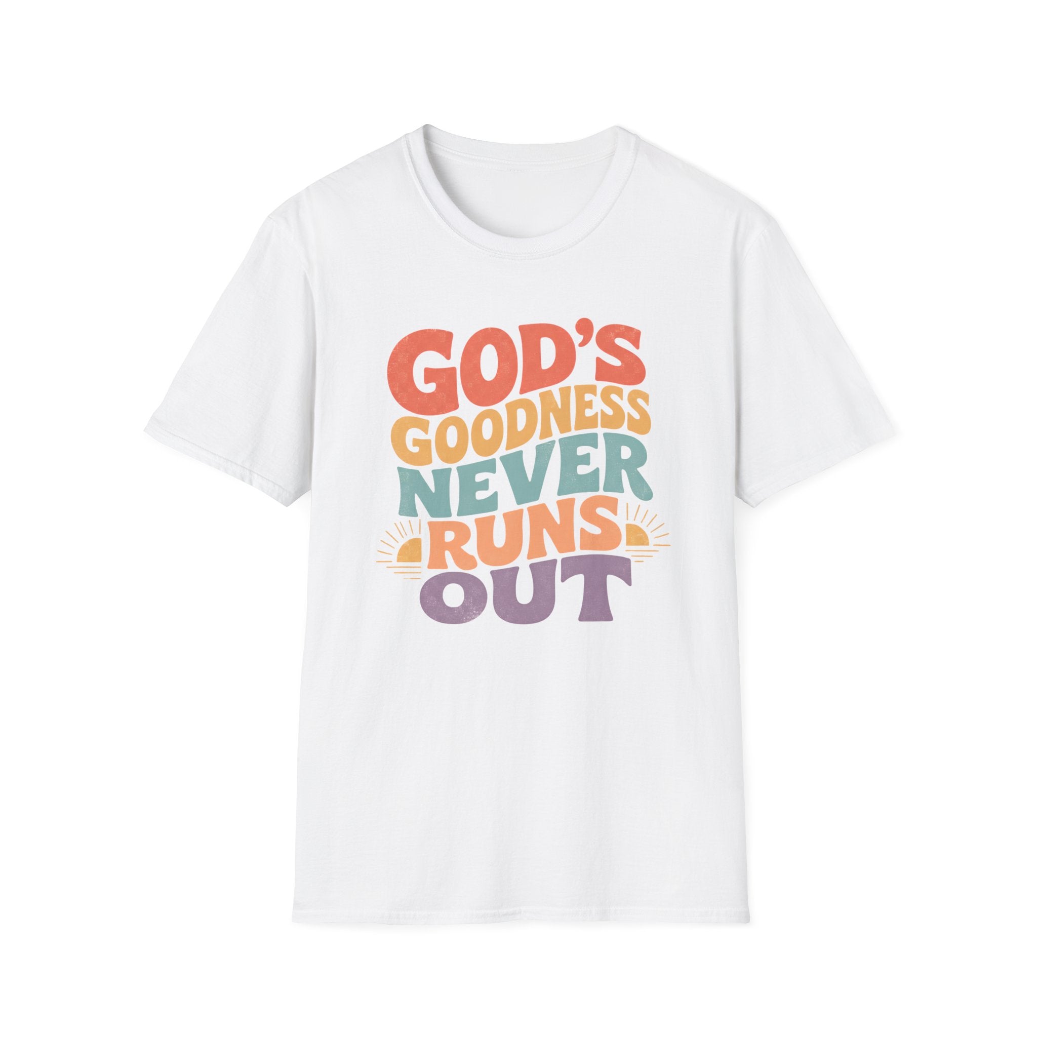 Christian T-Shirt — "God's Goodness Never Runs Out" Retro Faith Tee