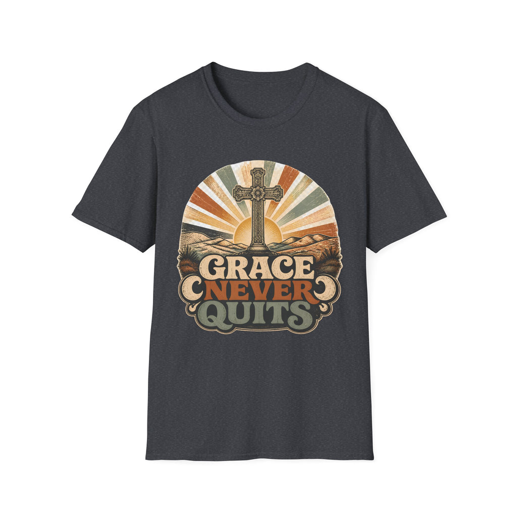 Christian T-Shirt — "Grace Never Quits" Retro Cross Sunrise Tee