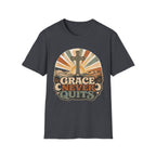 Christian T-Shirt — "Grace Never Quits" Retro Cross Sunrise Tee