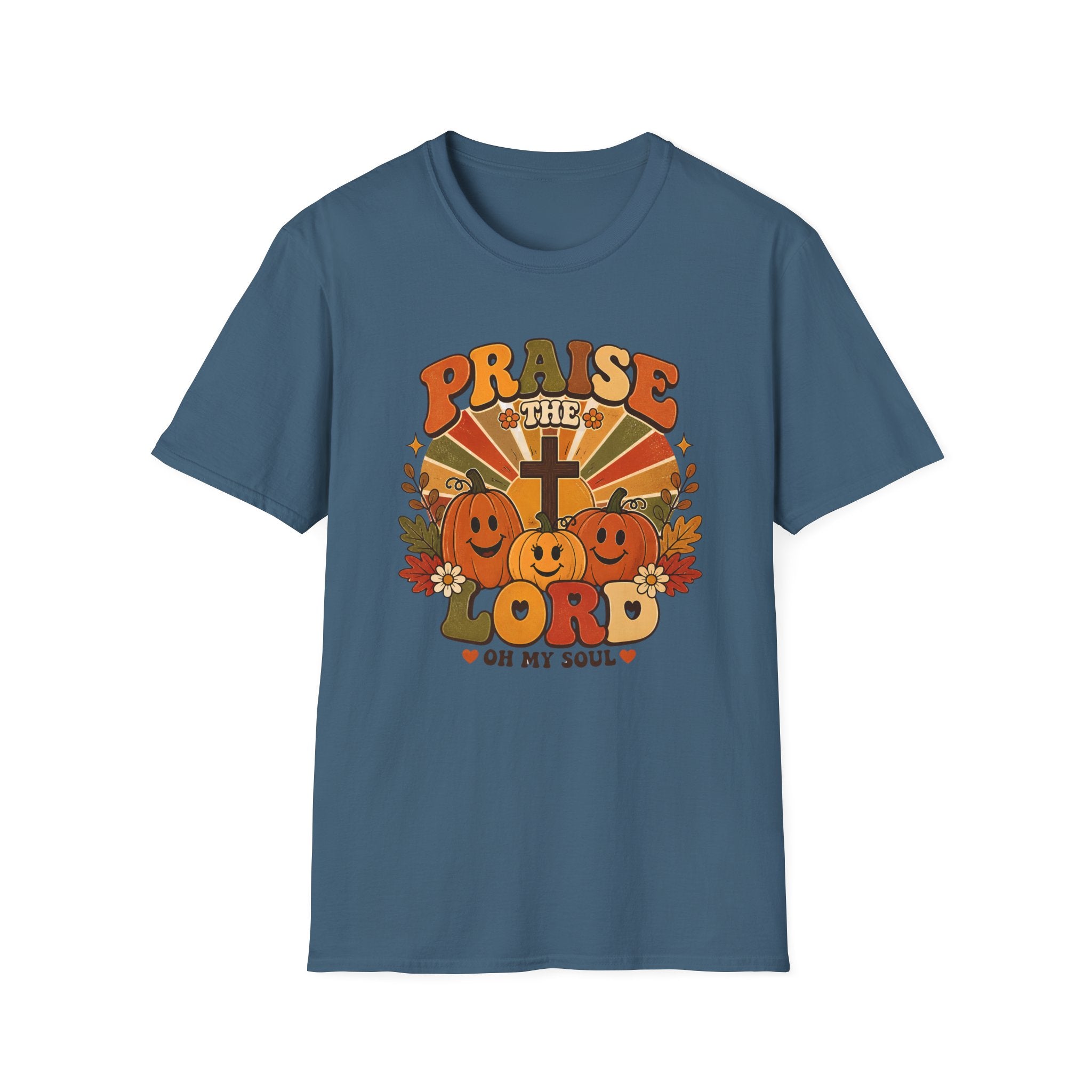 Praise the Lord Fall T-Shirt — Retro Pumpkin & Cross Christian Tee