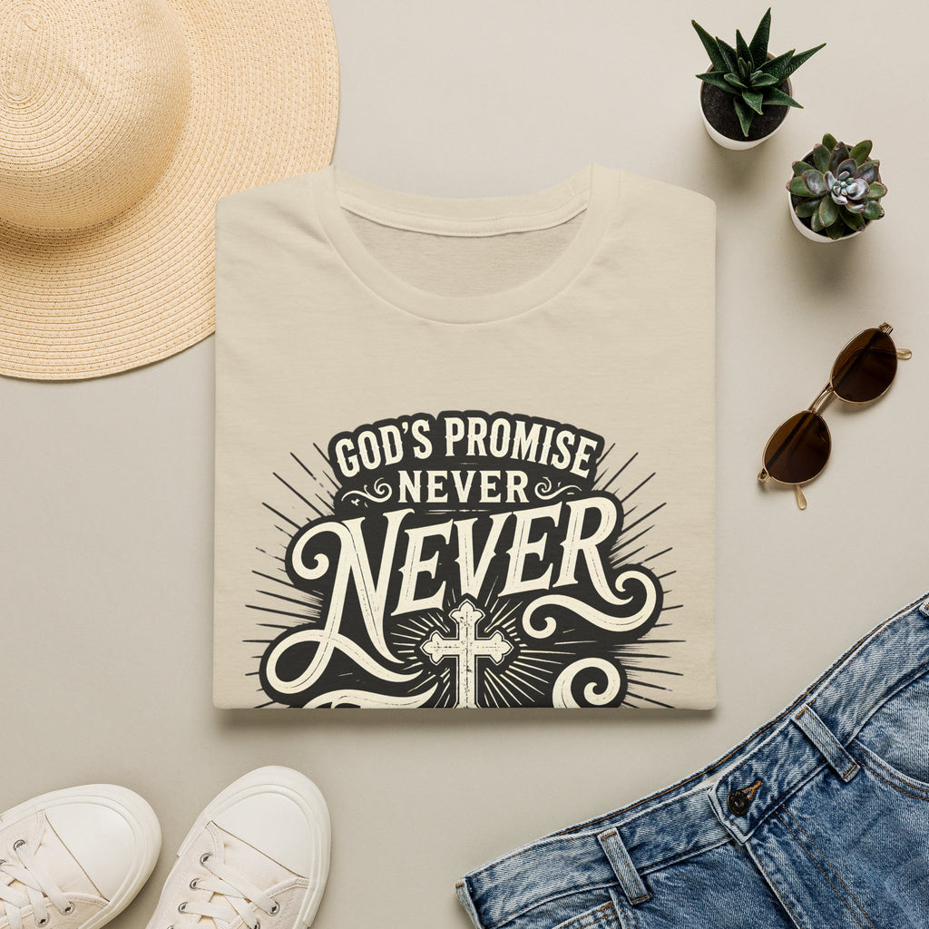 T-Shirt — “God’s Promise Never Never” Christian Faith Graphic