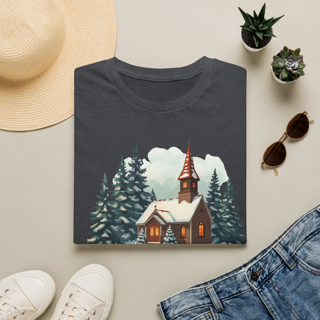 T-Shirt — Cozy Winter Chapel Graphic Tee (Snowy Pine Church)