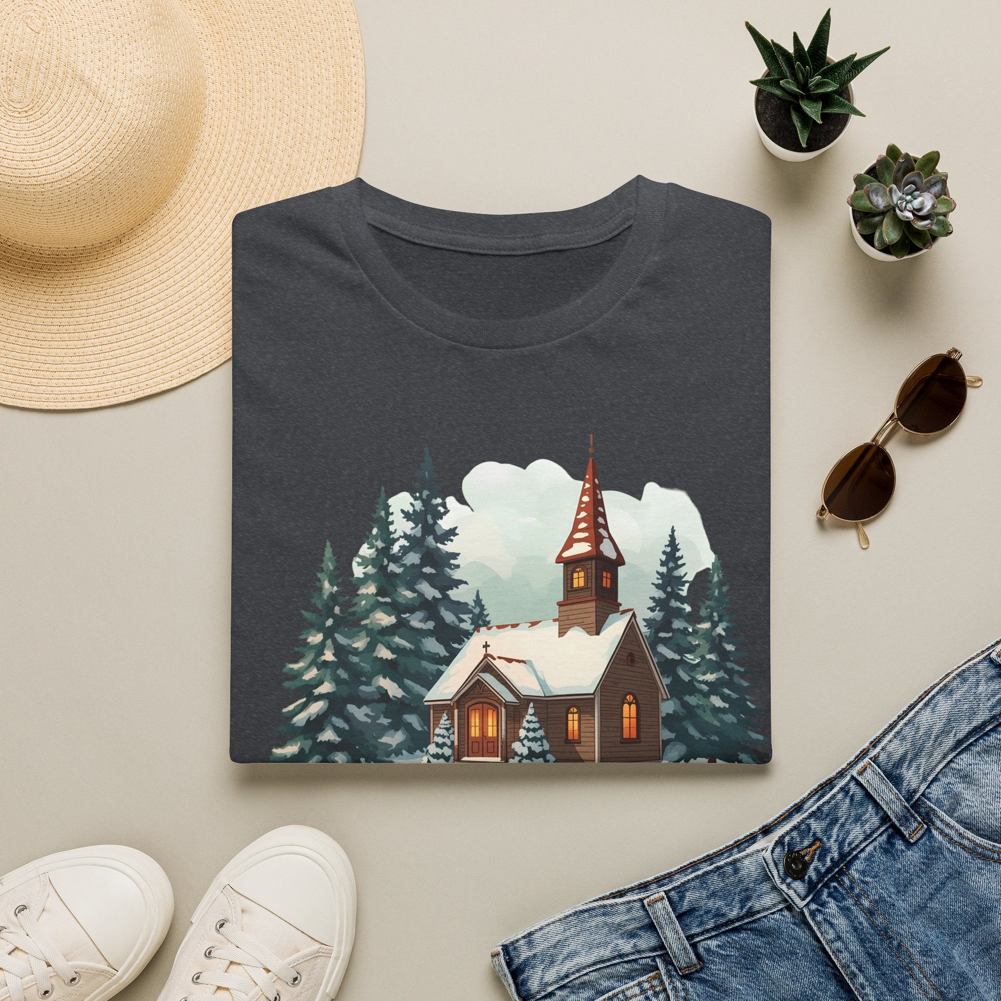 T-Shirt — Cozy Winter Chapel Graphic Tee (Snowy Pine Church)
