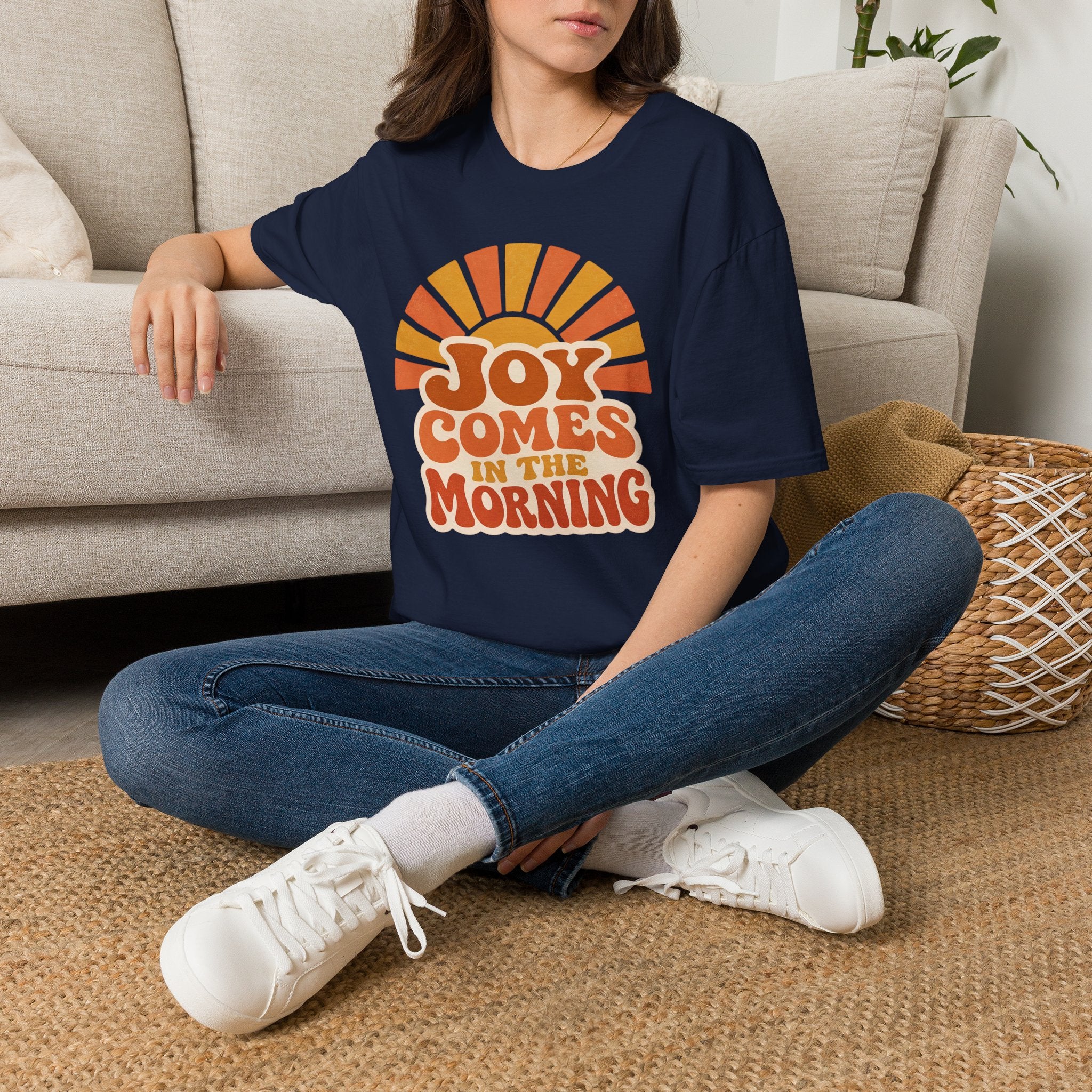 Joy Comes in the Morning T-Shirt — Retro Sunrise Graphic Tee