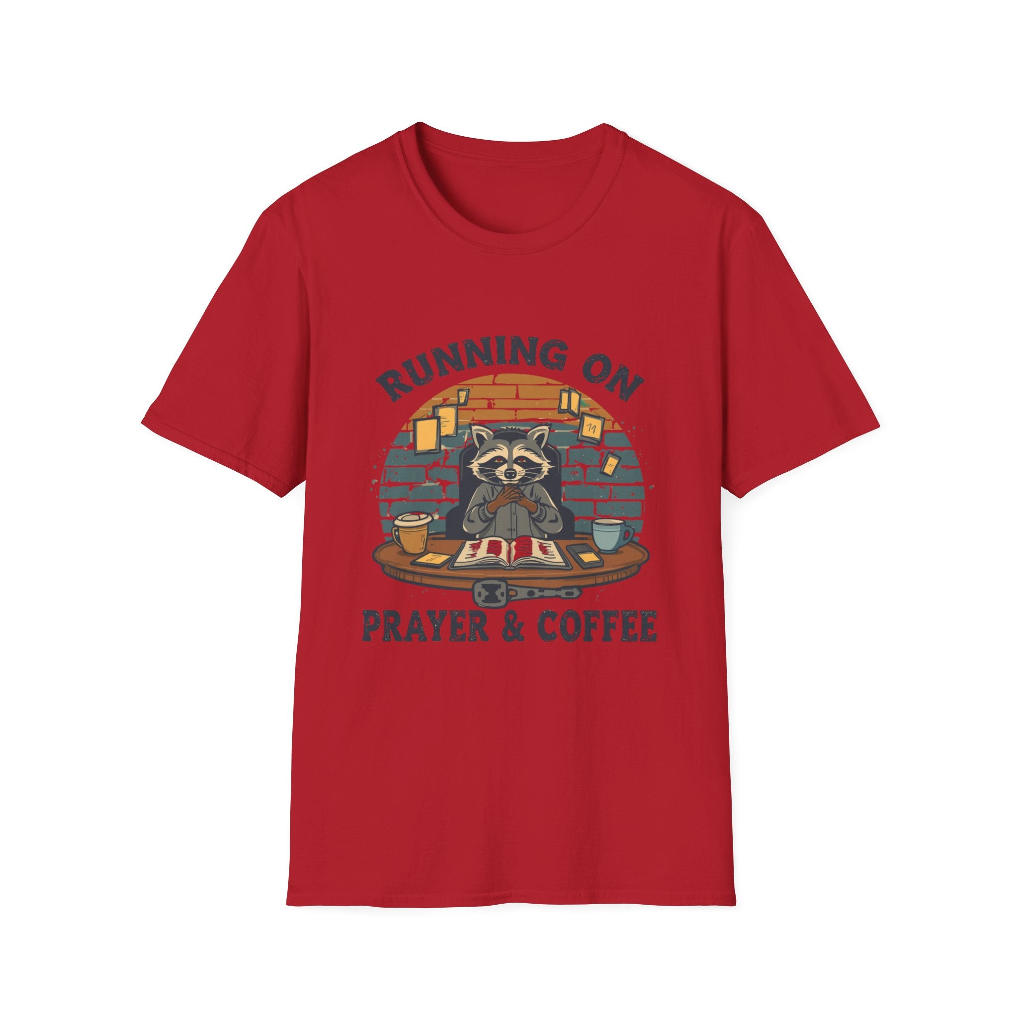 T‑Shirt — Running On Prayer & Coffee Raccoon Graphic Tee