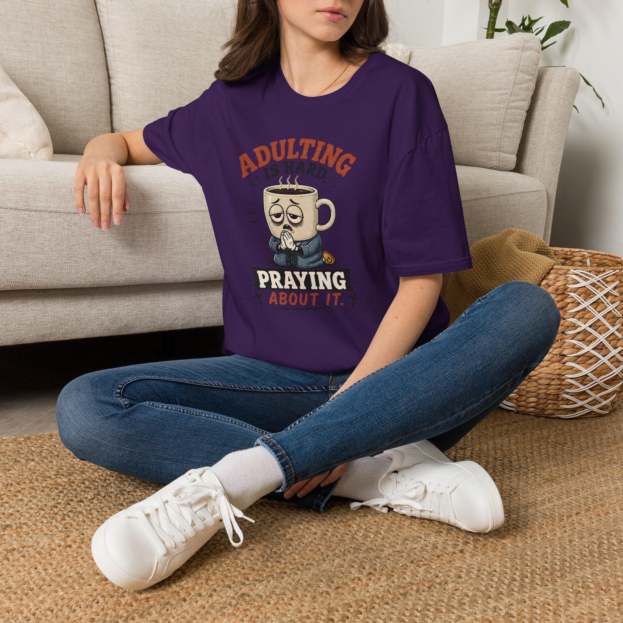 Adulting Is Hard Coffee T-Shirt — ‘Praying About It’ Funny Graphic Tee