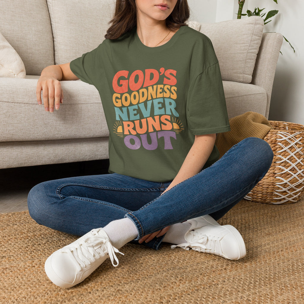 Christian T-Shirt — "God's Goodness Never Runs Out" Retro Faith Tee