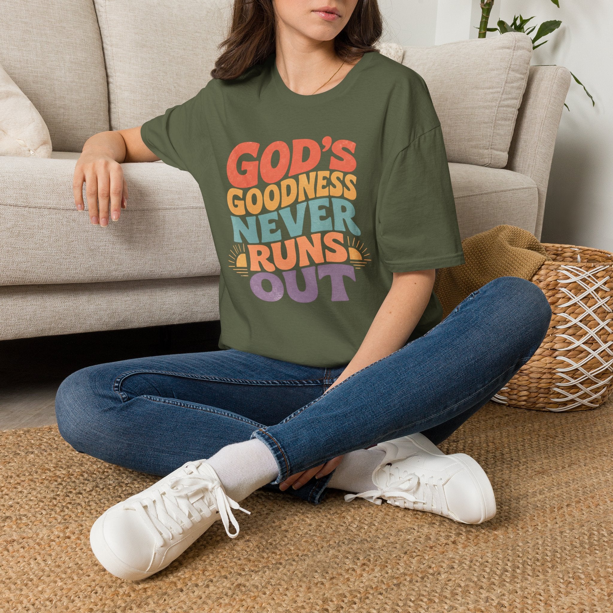 Christian T-Shirt — "God's Goodness Never Runs Out" Retro Faith Tee