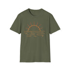 Sunrise Line Art T-Shirt — Minimal Beach Sunset Tee