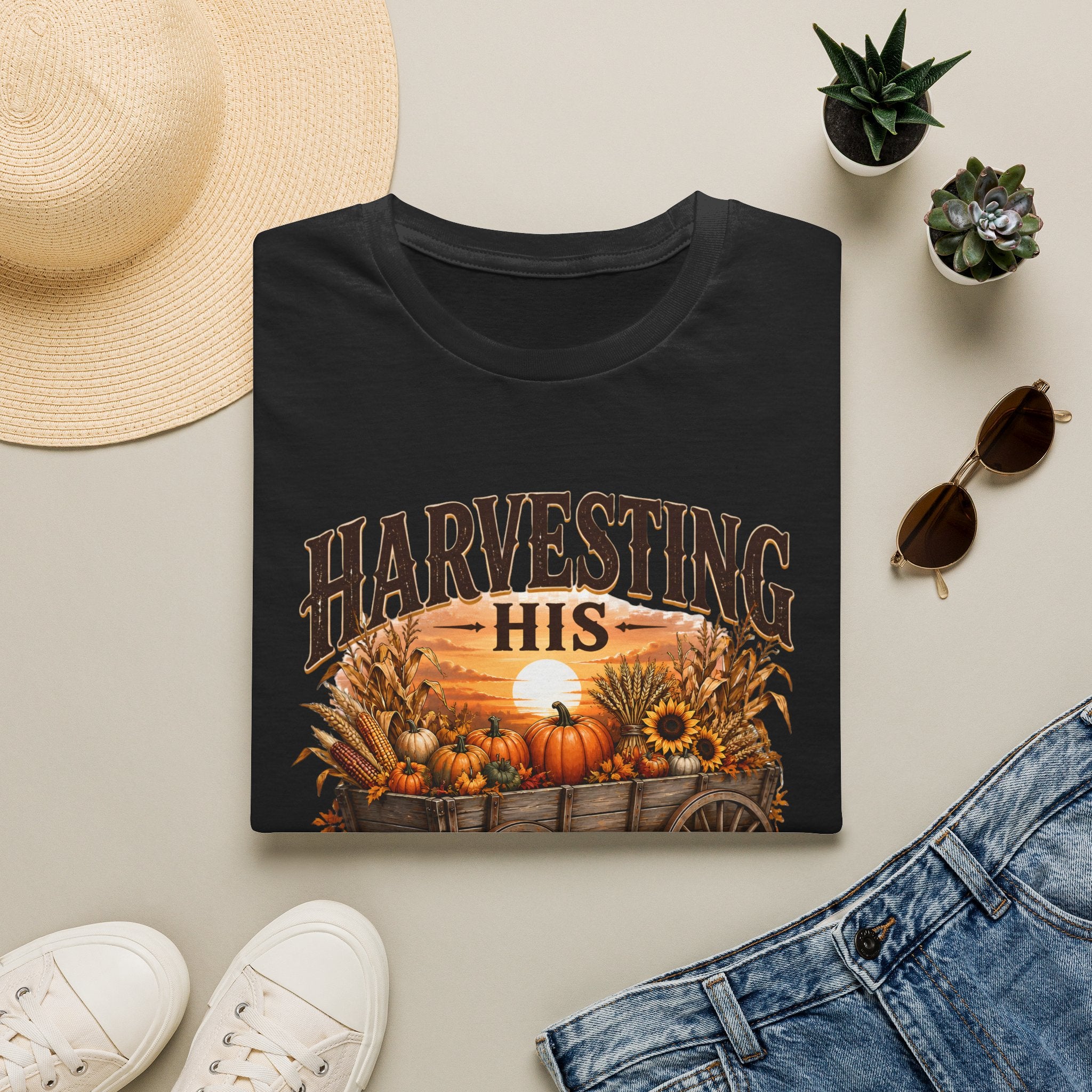 Harvesting His Promises T-Shirt — Fall Pumpkin & Sunflower Faith Tee