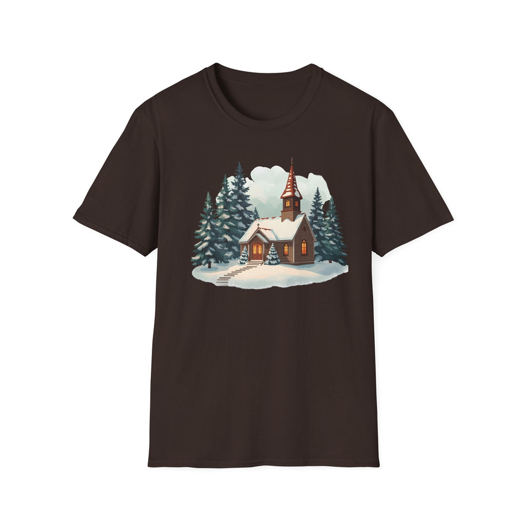 T-Shirt — Cozy Winter Chapel Graphic Tee (Snowy Pine Church)