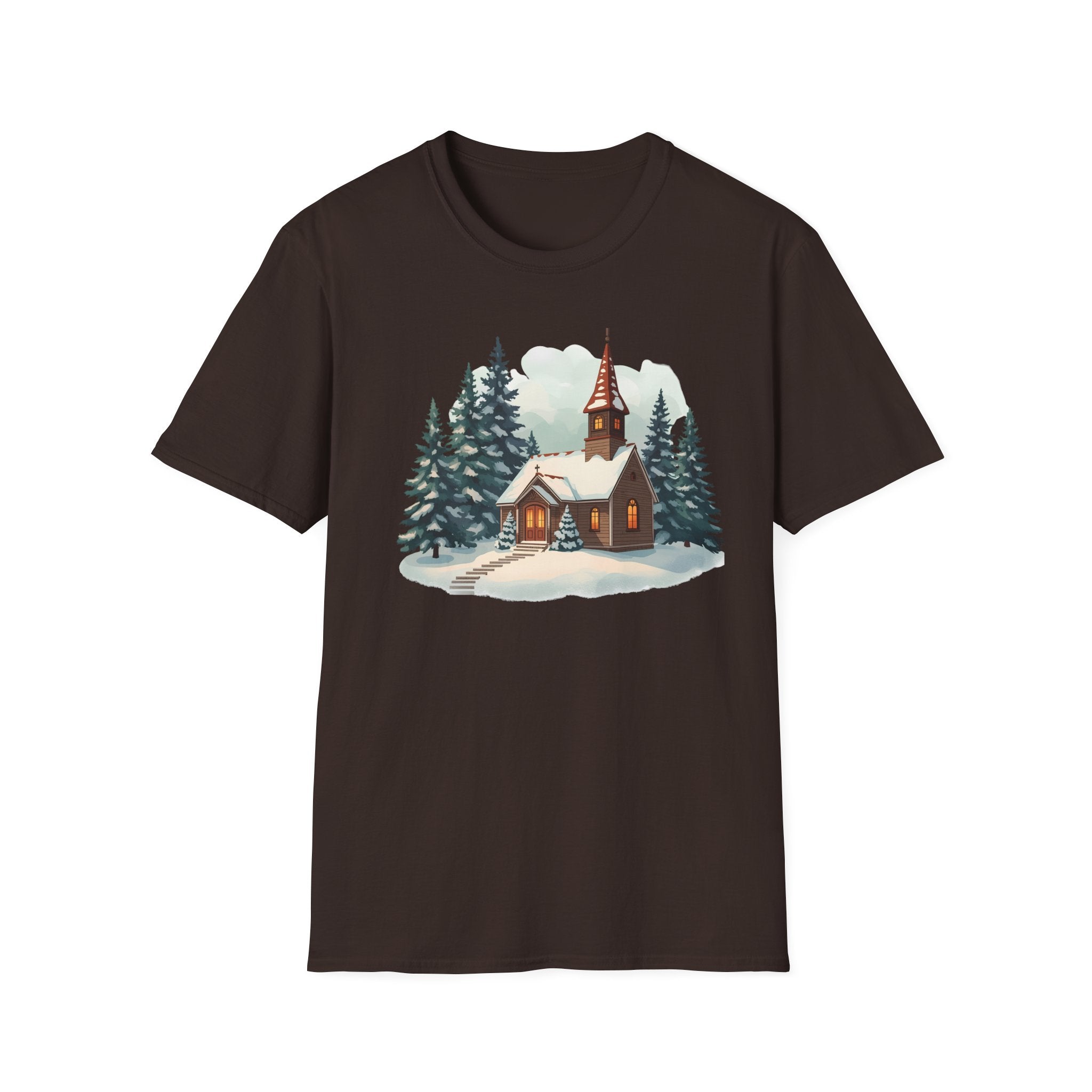 T-Shirt — Cozy Winter Chapel Graphic Tee (Snowy Pine Church)
