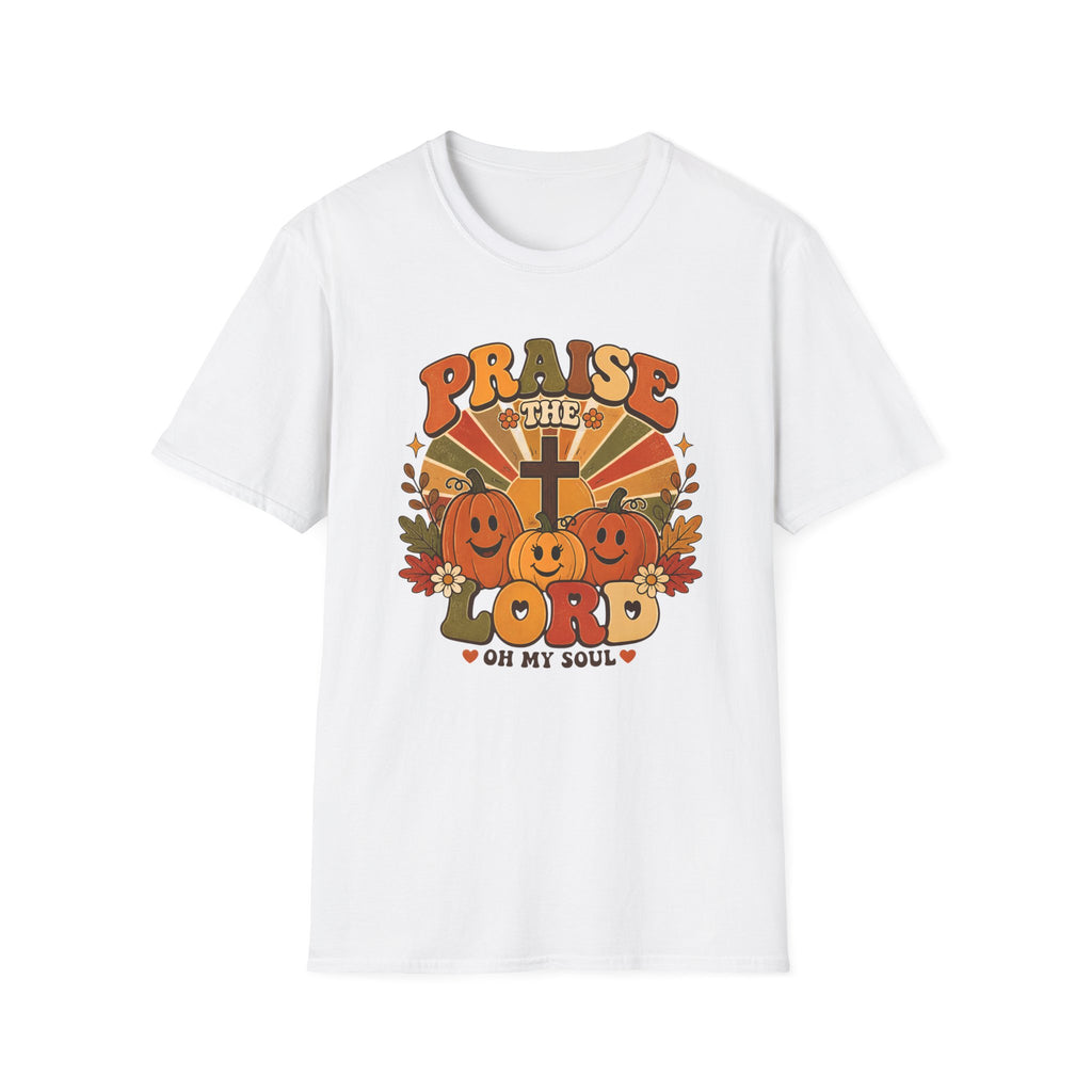 Praise the Lord Fall T-Shirt — Retro Pumpkin & Cross Christian Tee