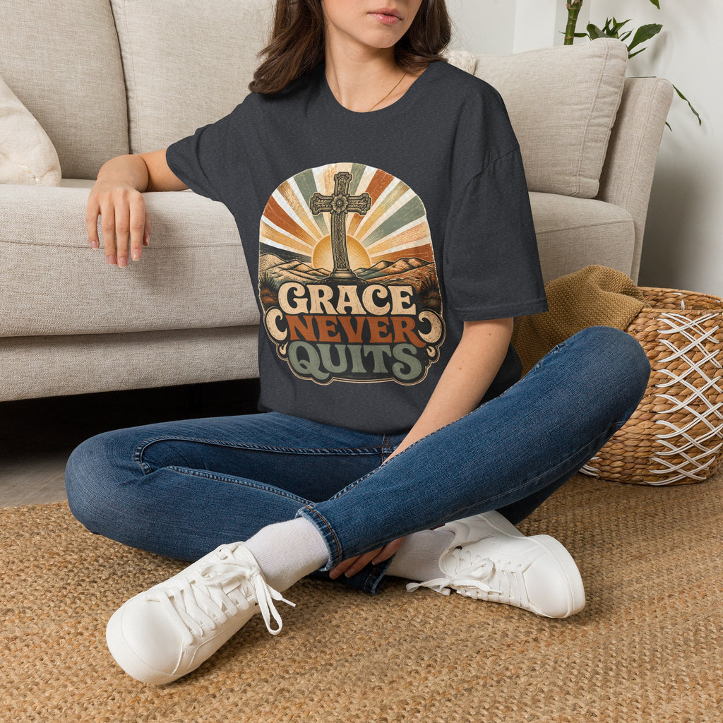 Christian T-Shirt — "Grace Never Quits" Retro Cross Sunrise Tee