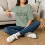 T-Shirt — Minimalist Ocean Waves & Standing Figure Tee — Calm Beach Vibes, Surfing/Travel Gift