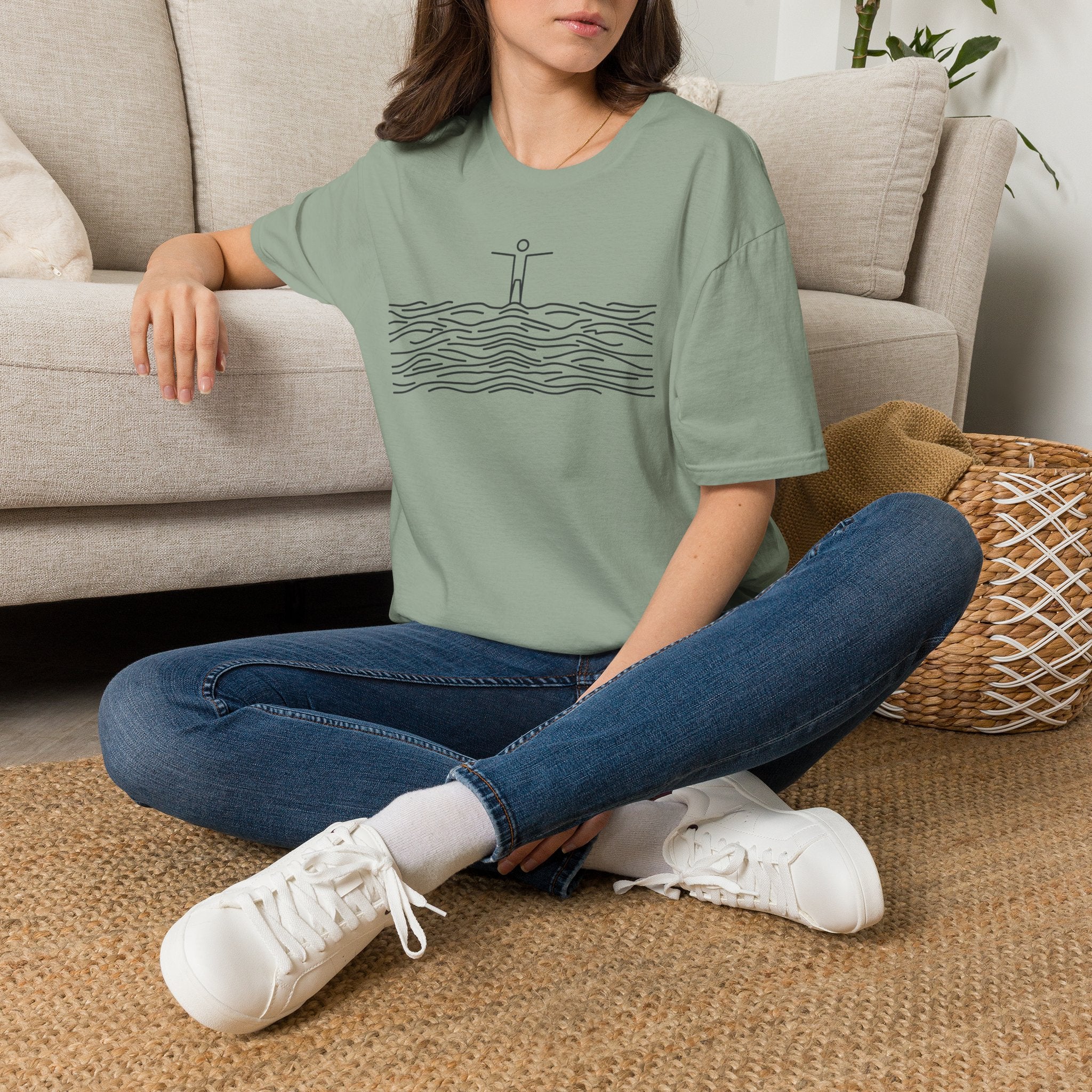 T-Shirt — Minimalist Ocean Waves & Standing Figure Tee — Calm Beach Vibes, Surfing/Travel Gift