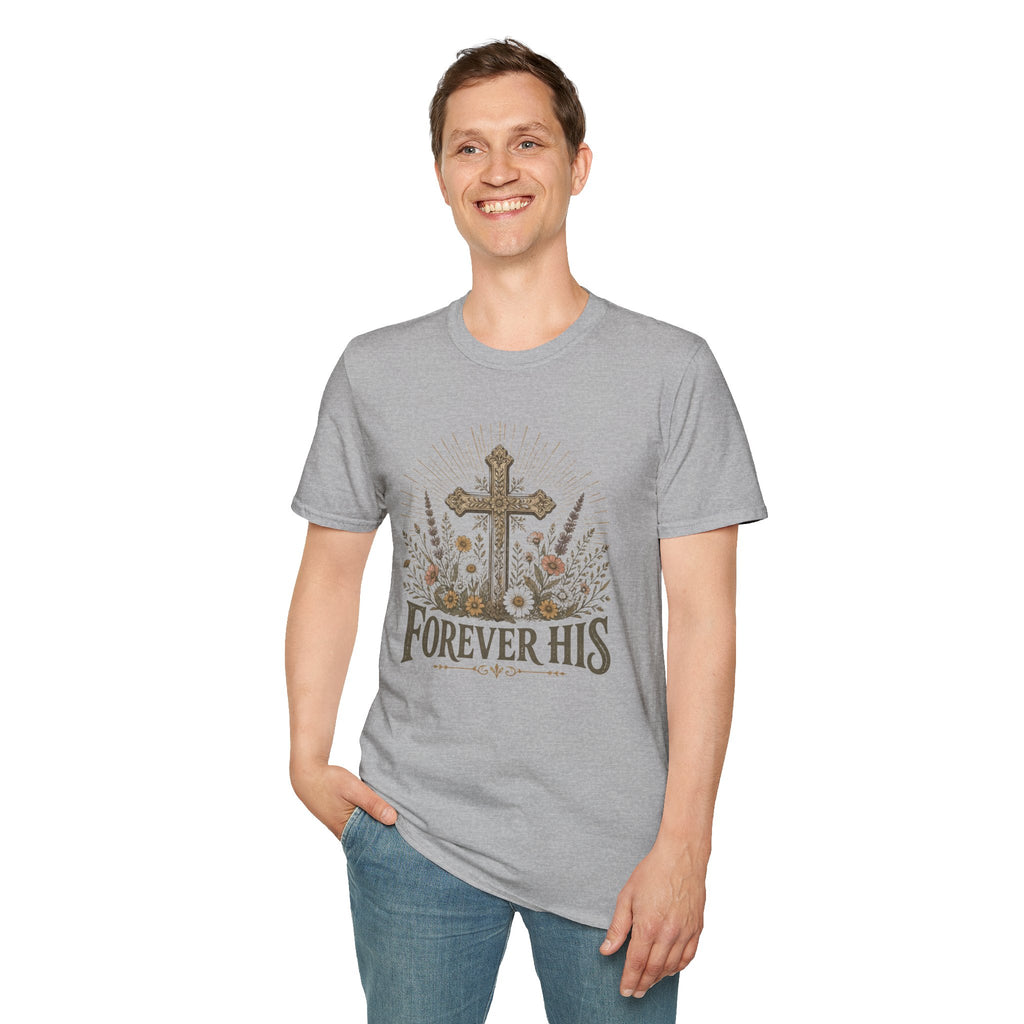 Christian T-Shirt — "Forever His" Cross Floral Graphic Tee