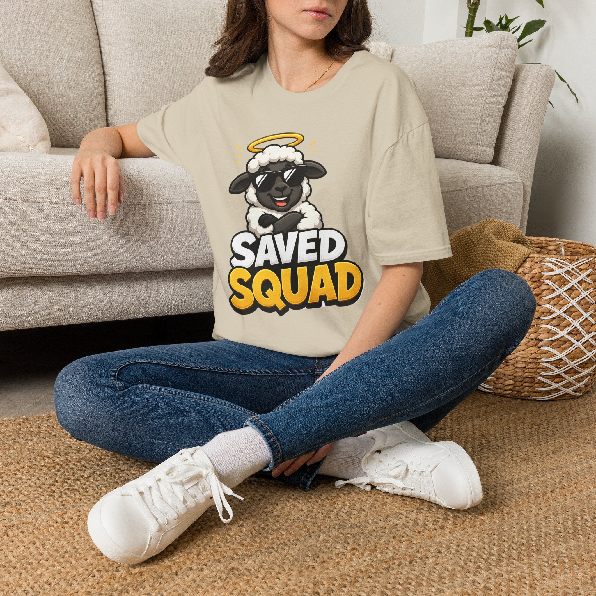 Saved Squad T‑Shirt — Cute Angel Sheep Graphic Tee for Christian Youth & Church Groups