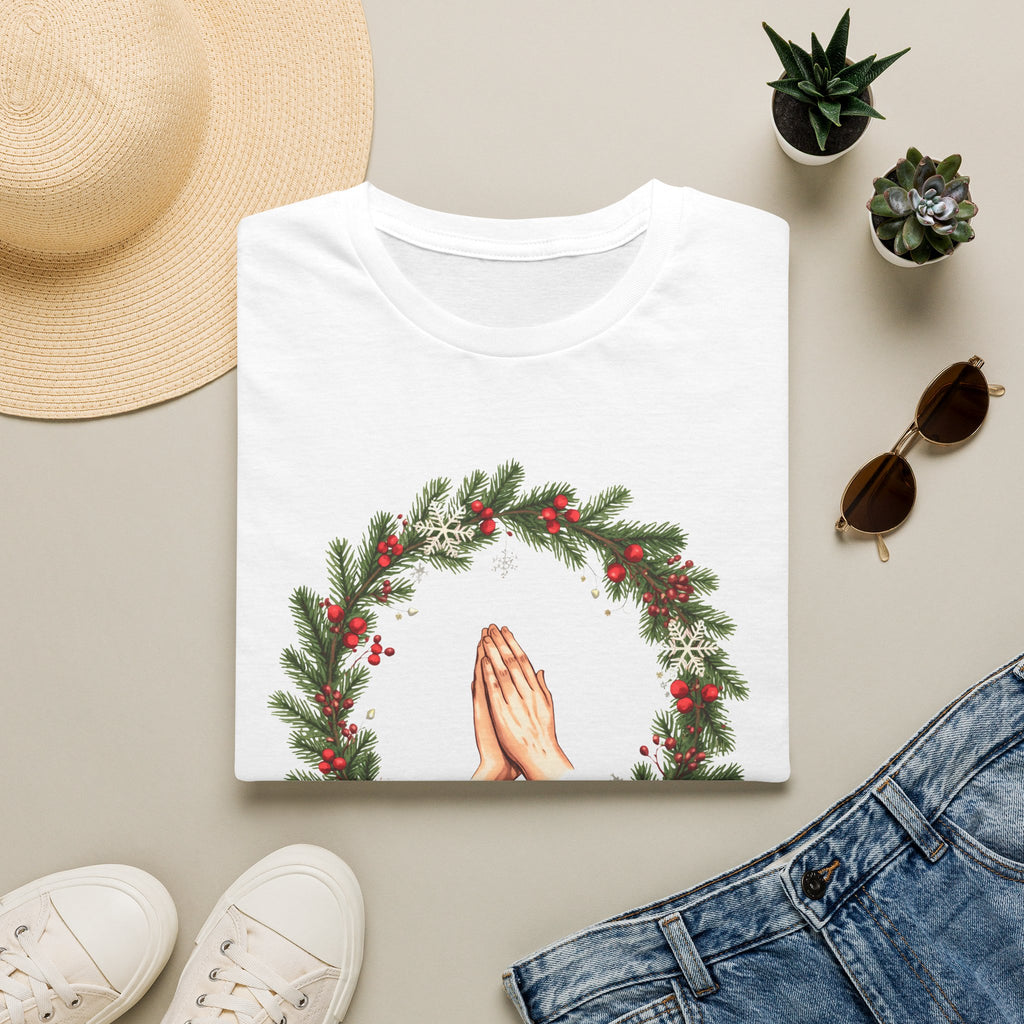 Christmas Prayer Hands T-Shirt — Holiday Wreath Faith Tee
