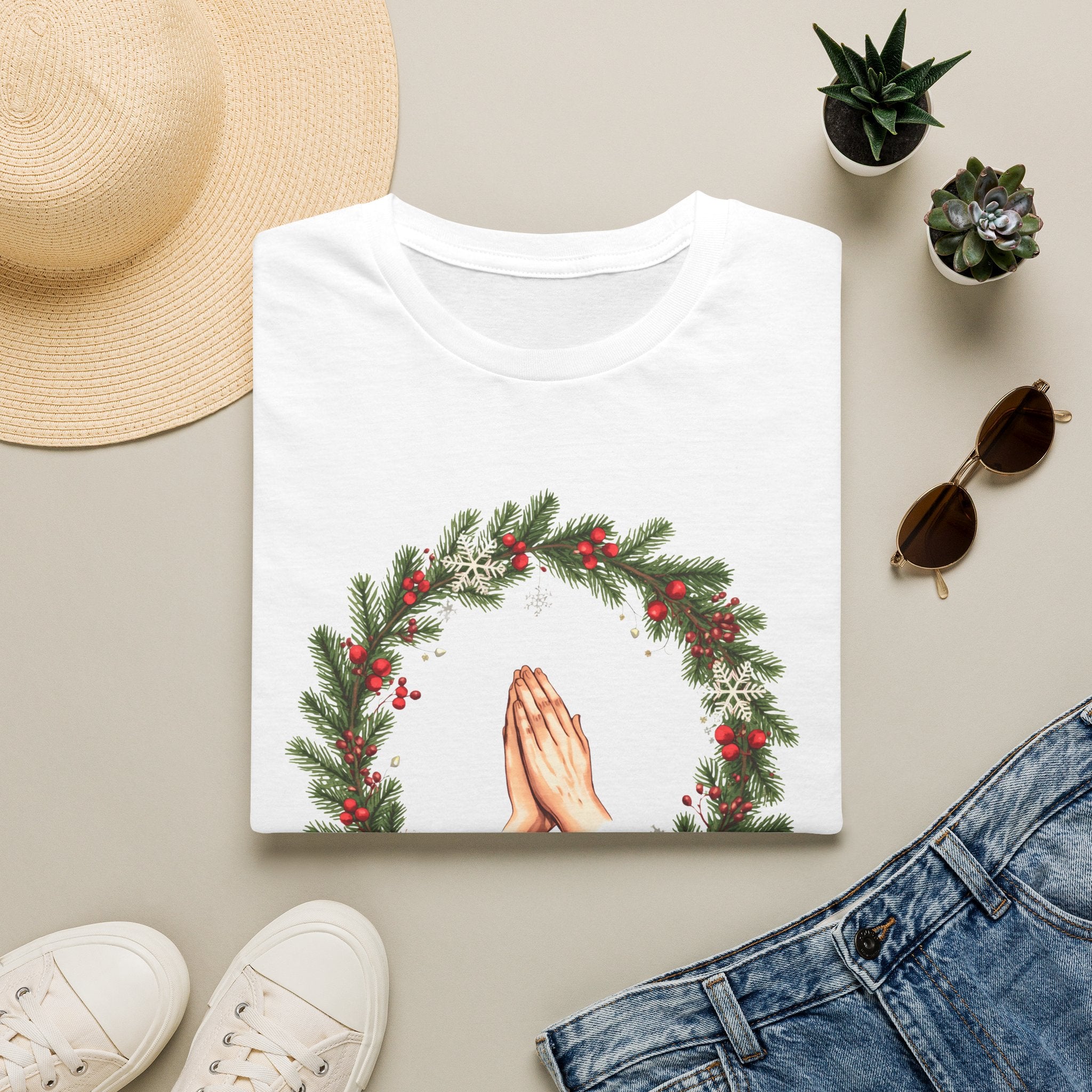 Christmas Prayer Hands T-Shirt — Holiday Wreath Faith Tee