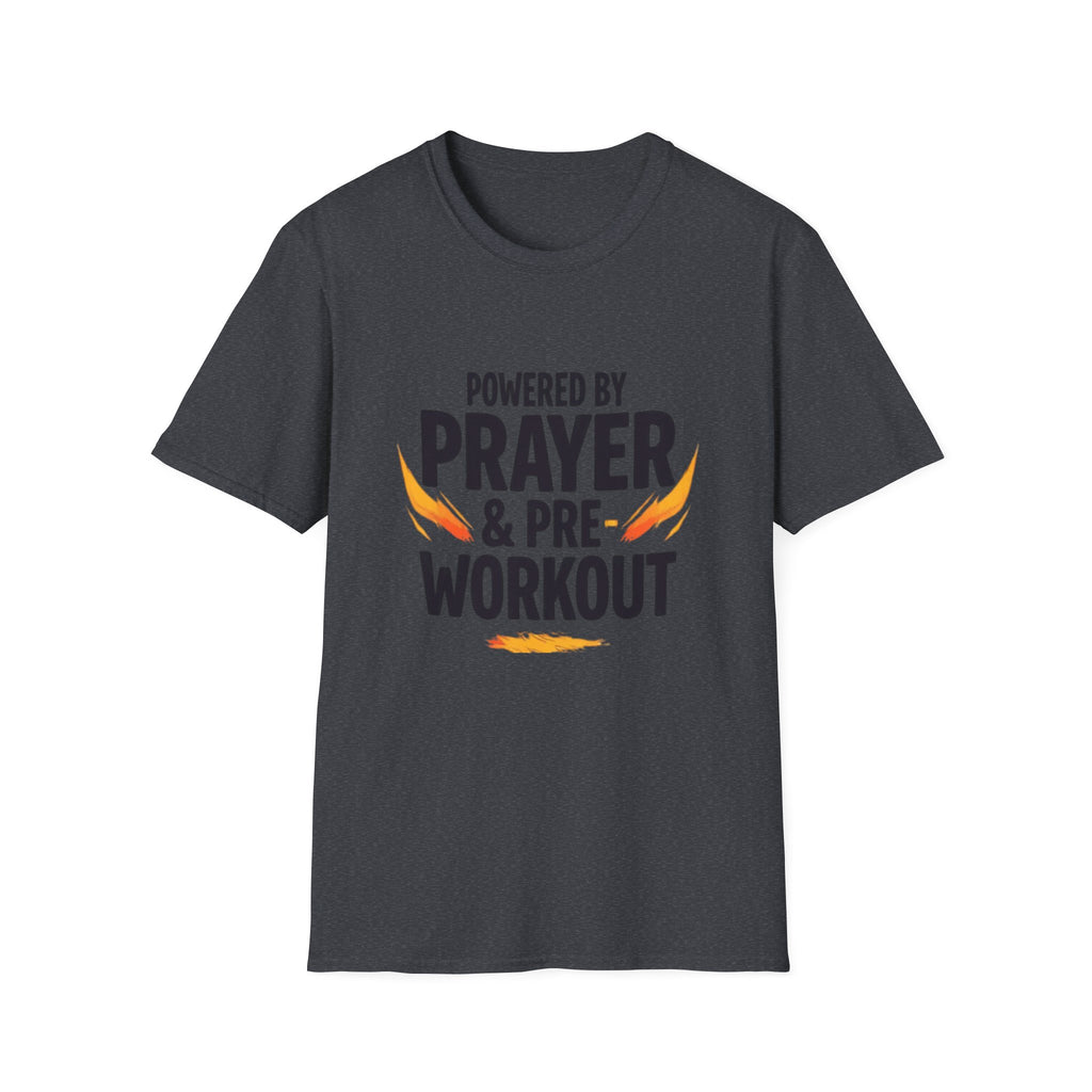 Prayer & Pre-Workout T-Shirt — "Powered by Prayer & Pre-Workout" Christian Fitness Tee