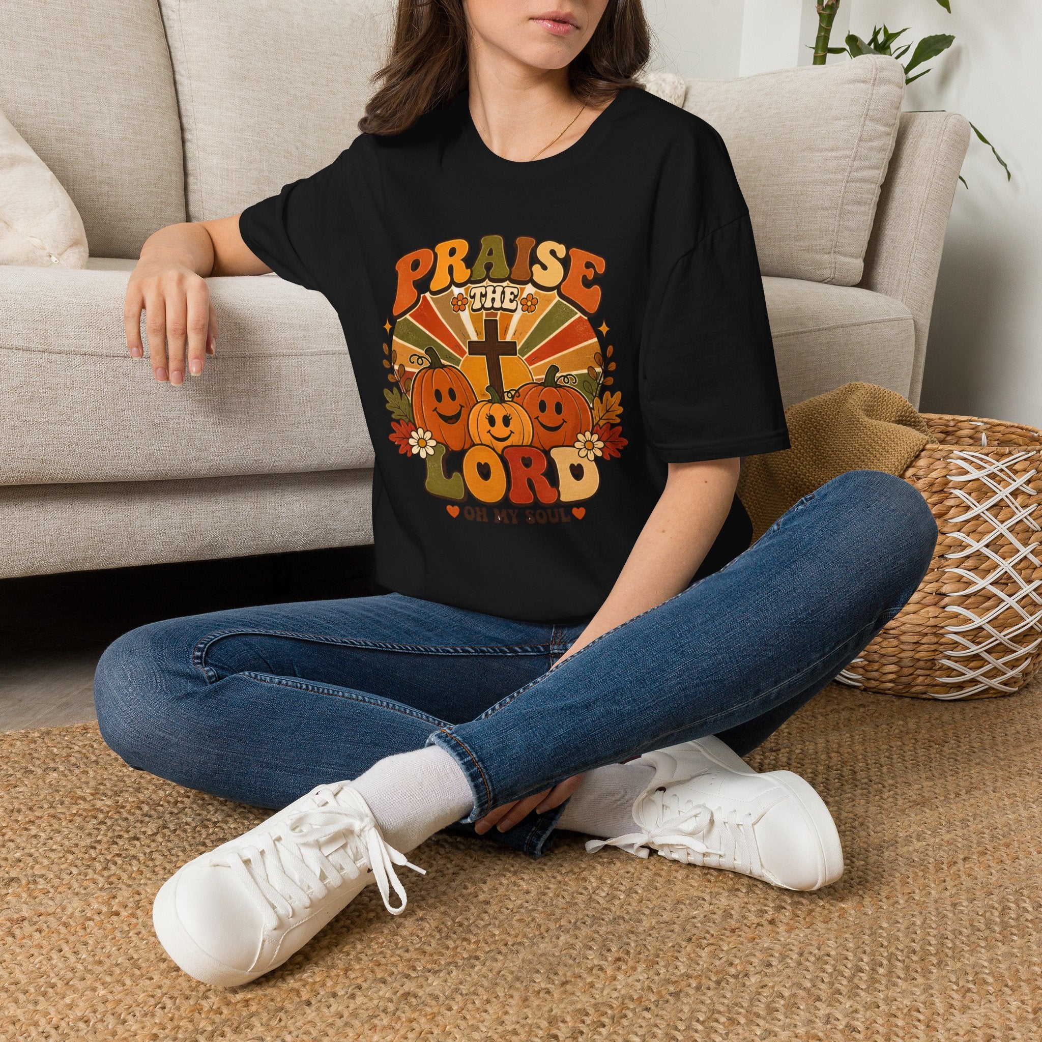 Praise the Lord Fall T-Shirt — Retro Pumpkin & Cross Christian Tee