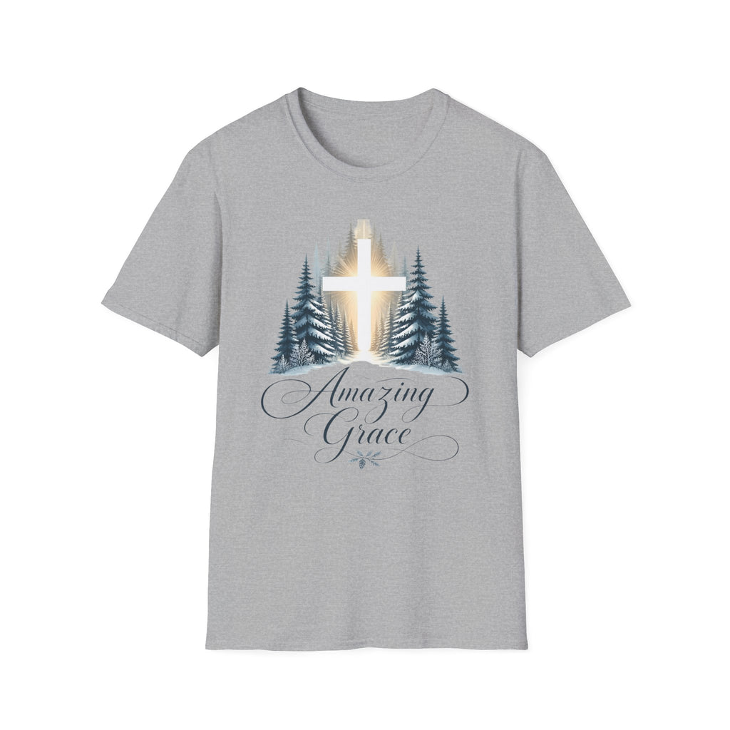 Christian T-Shirt — Cross in Pine Forest with "Amazing Grace" (Faith Tee)